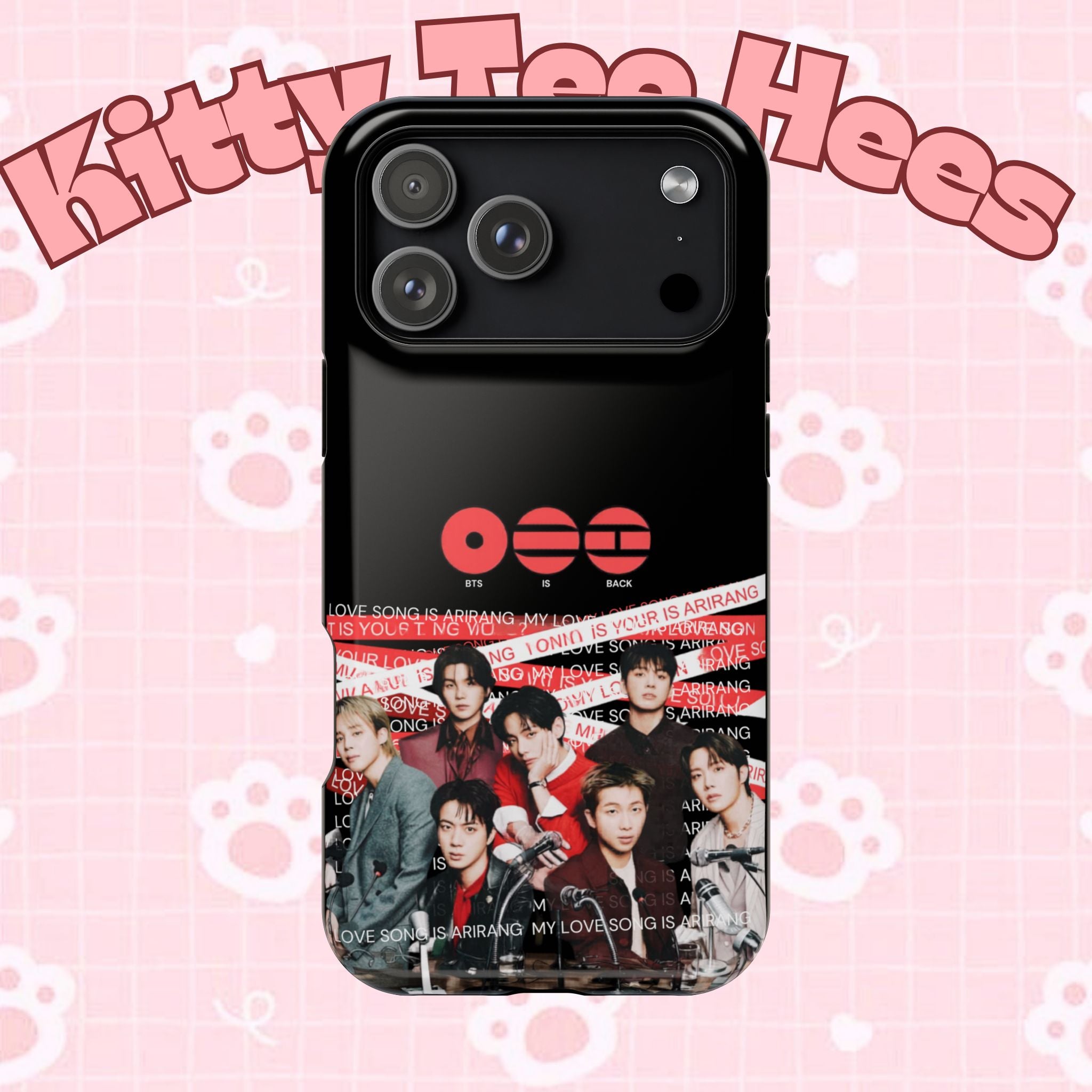 Custom BTS Bangtan phone case featuring fan-made K-Pop band photo, impact-resistant design, compatible with smartphones.