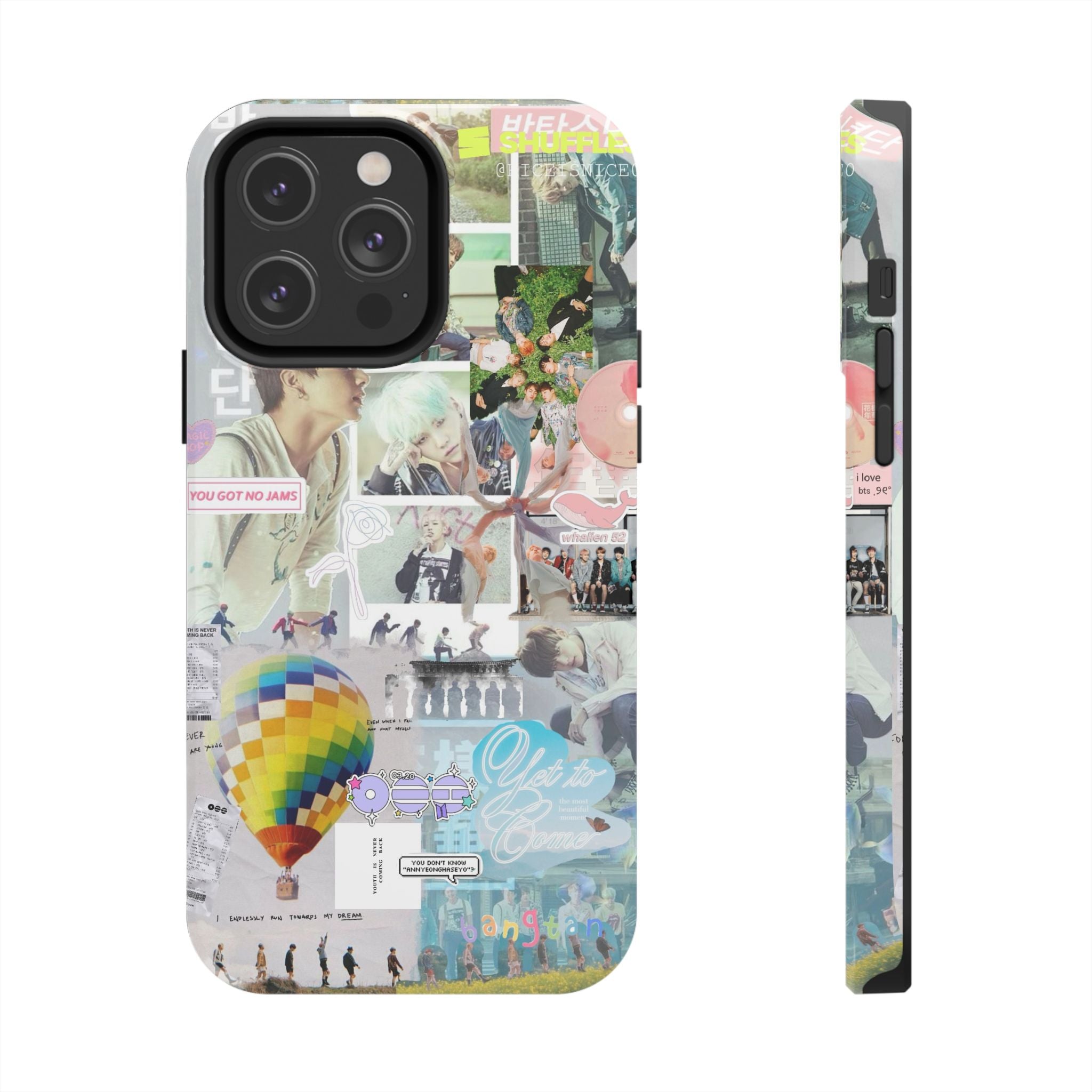 K-Pop BTS collage phone case for iPhone and Samsung with pastel hot air balloon design, featuring a tough, protective style.