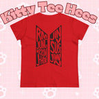 BTS ARIRANG graphic T-shirt featuring BTS logo and member names, casual cotton tee by Printify with colorful design.