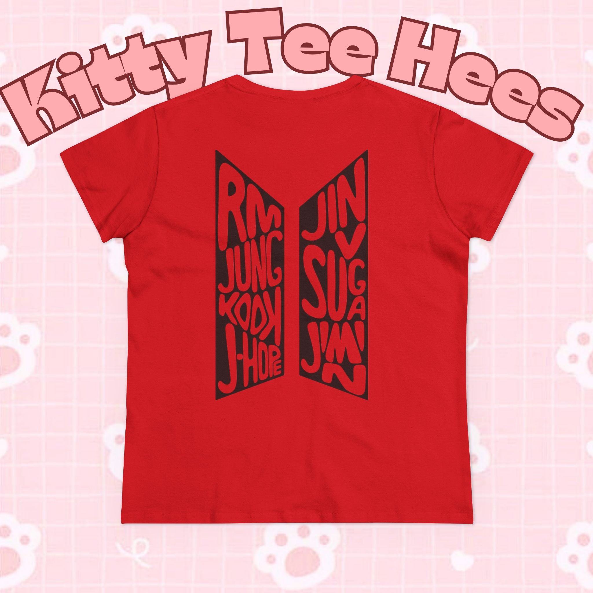 BTS ARIRANG graphic T-shirt featuring BTS logo and member names, casual cotton tee by Printify with colorful design.