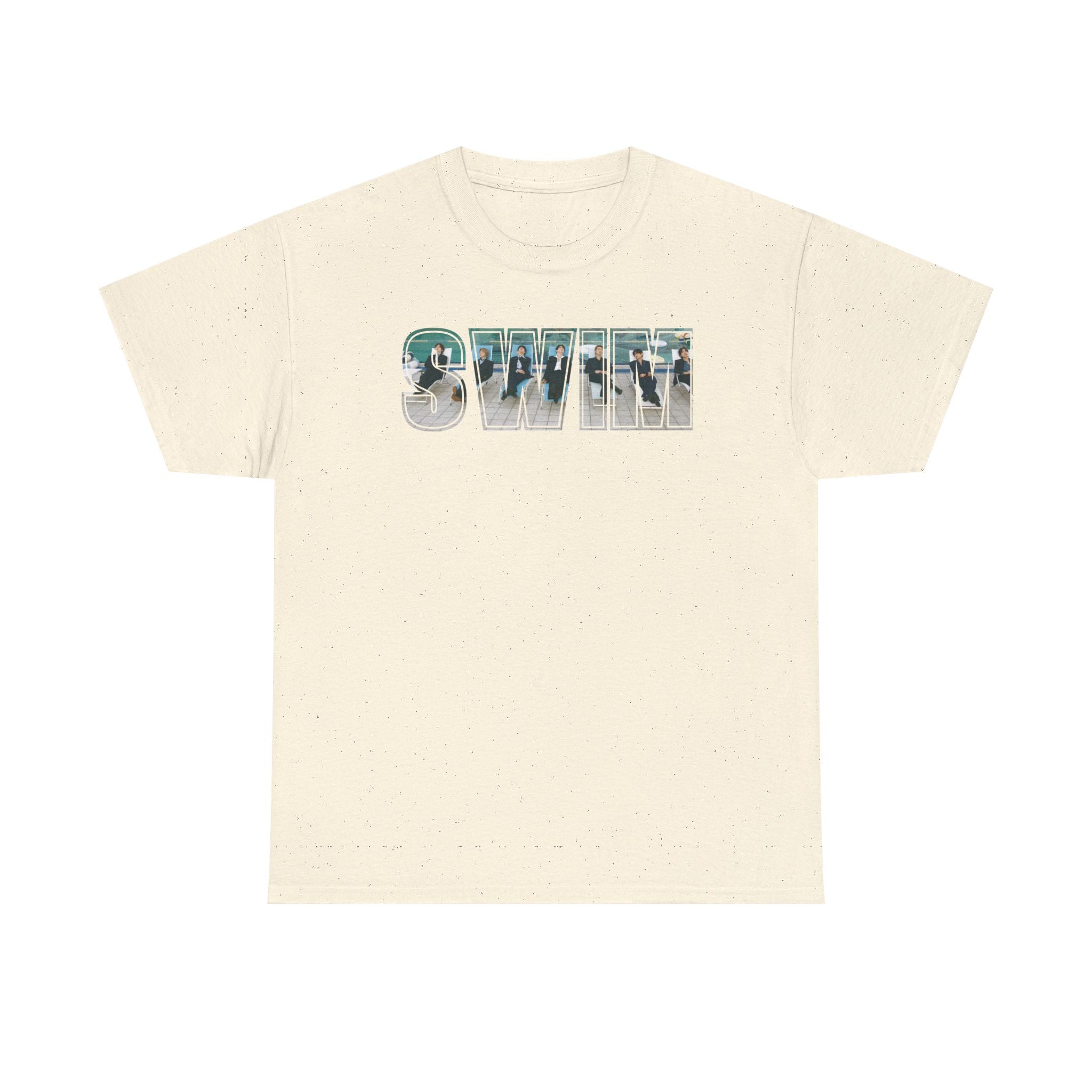 Printify BTS swim graphic T-shirt featuring a pool scene and "I could spend a lifetime watching you swim" design, casual concert tee