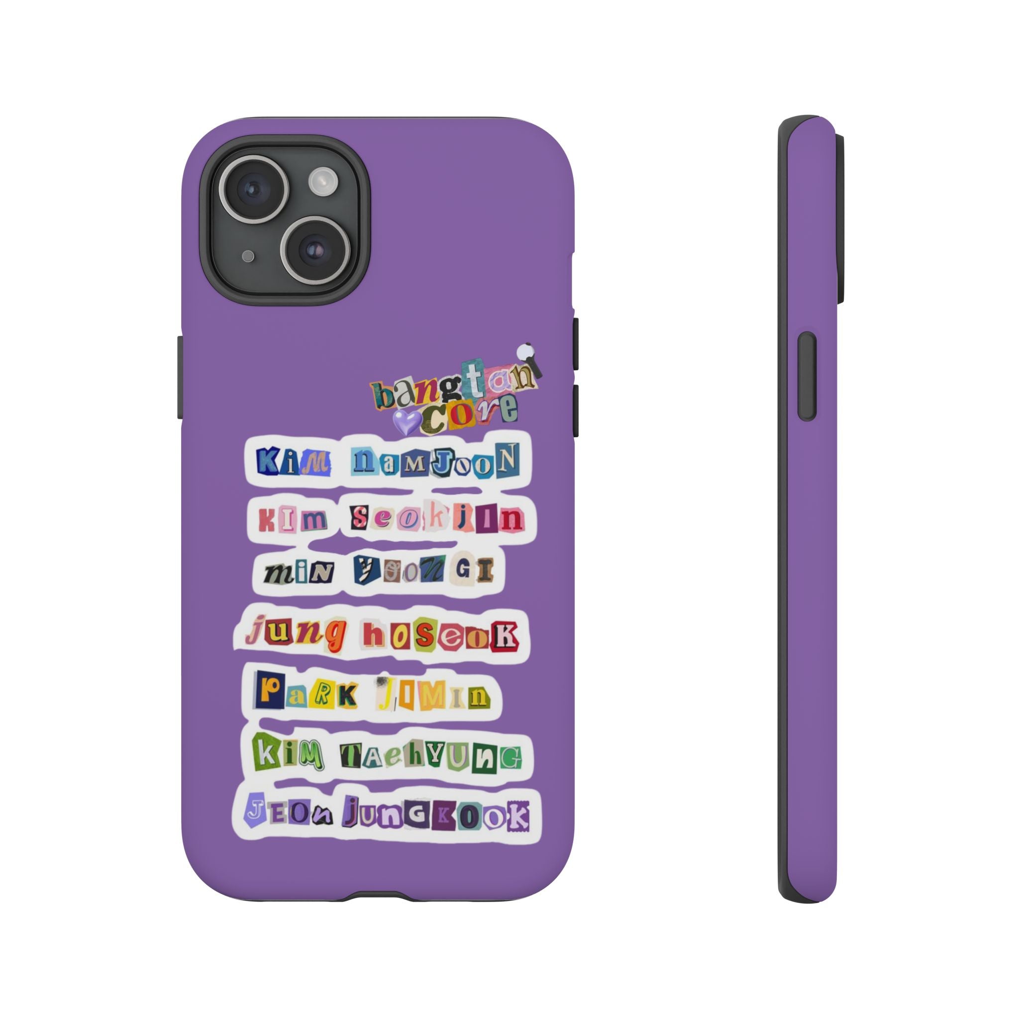 BTS member names phone case for iPhone 17 featuring Jungkook, Jimin, and RapMonster with a tough protective design.