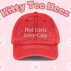 Vintage style embroidered hat with "Hot Girls Love Cats" design, casual wear, featuring colorful cat and vintage text details.