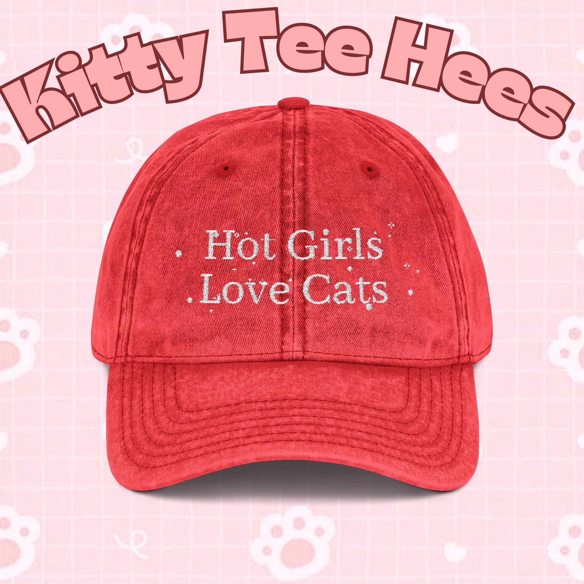 Vintage style embroidered hat with "Hot Girls Love Cats" design, casual wear, featuring colorful cat and vintage text details.