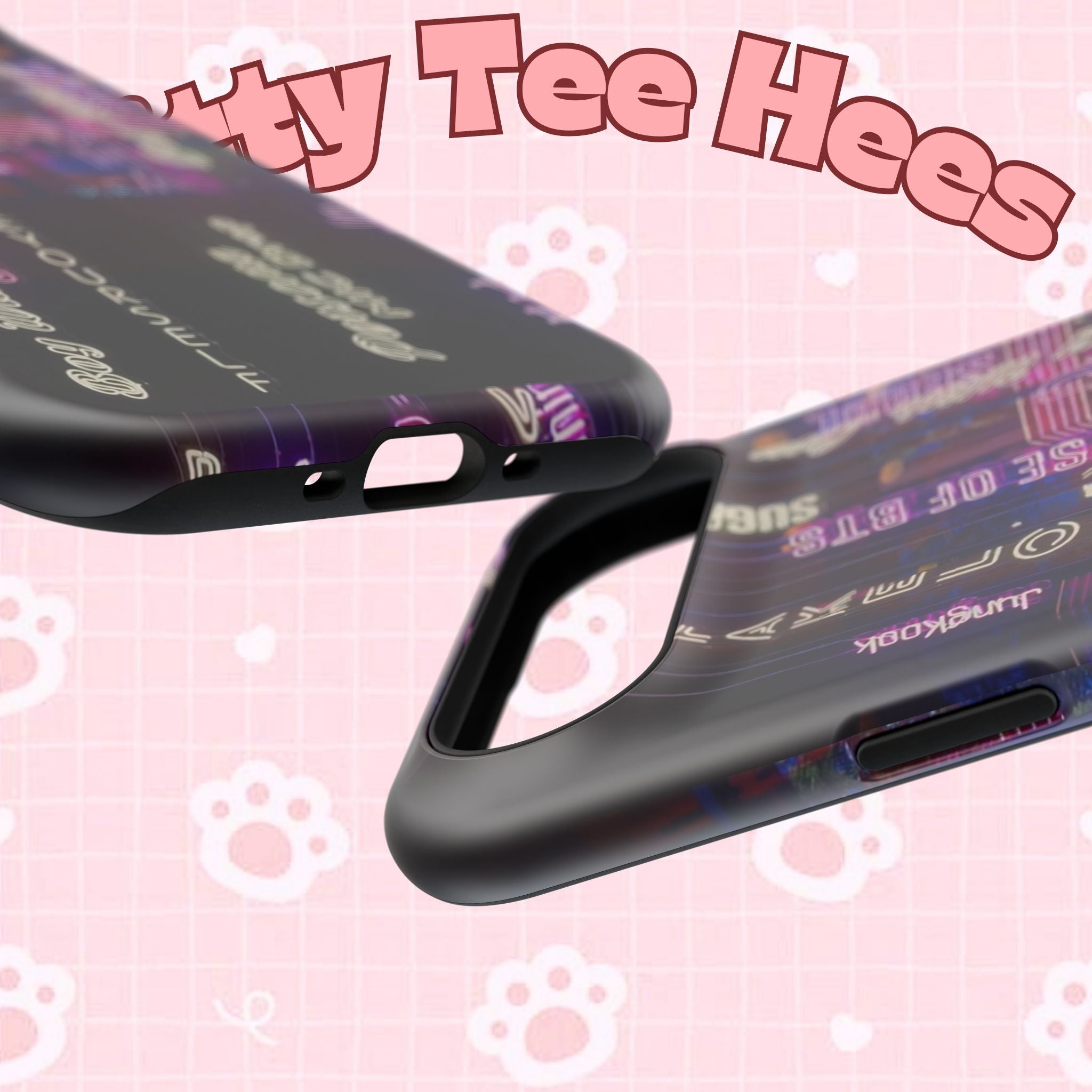 Neon Korean script BTS phone case for iPhone and Samsung, impact-resistant, featuring bold neon design and BTS branding.