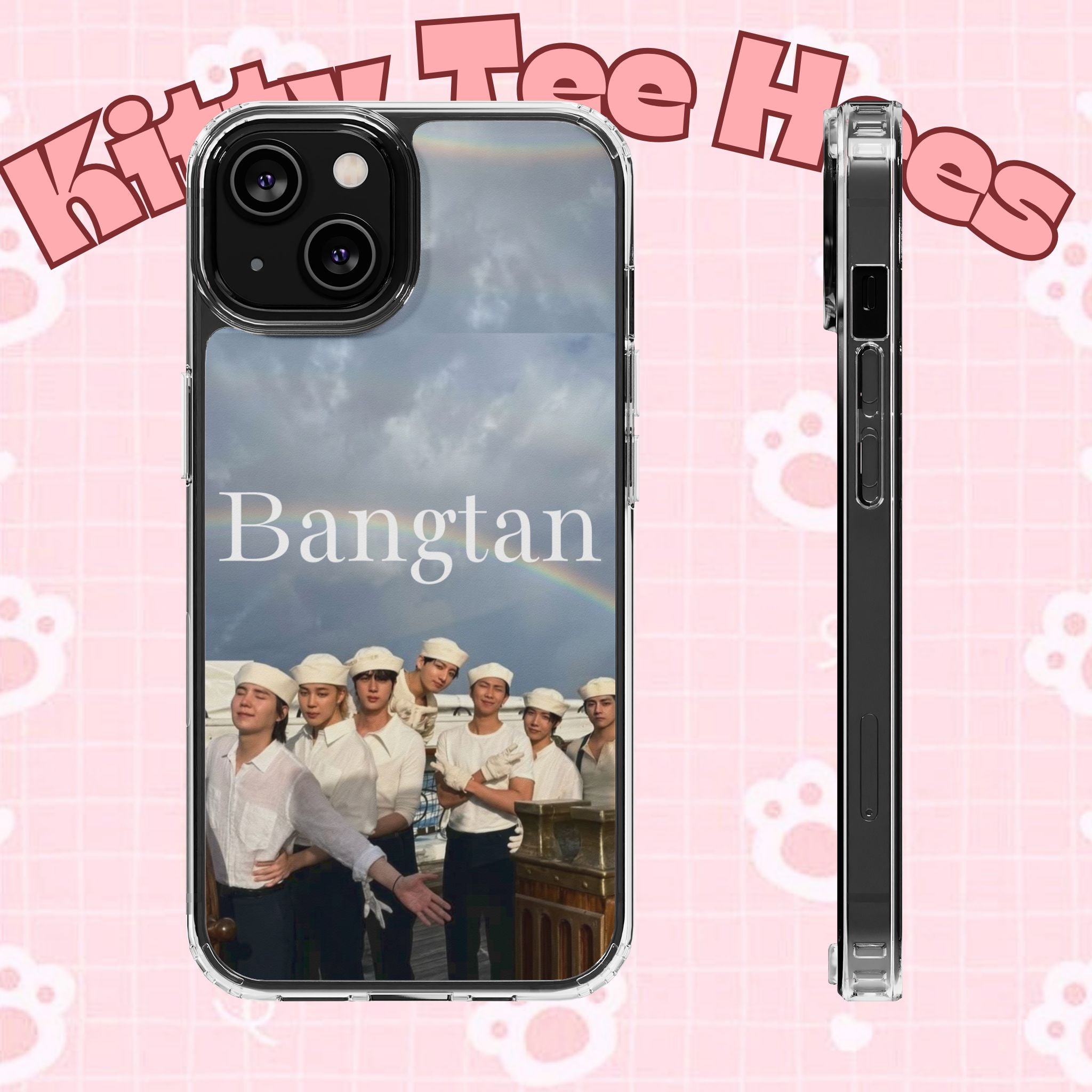 Clear impact-resistant phone case featuring Bangtan Boys K-pop design for smartphones, by Printify.