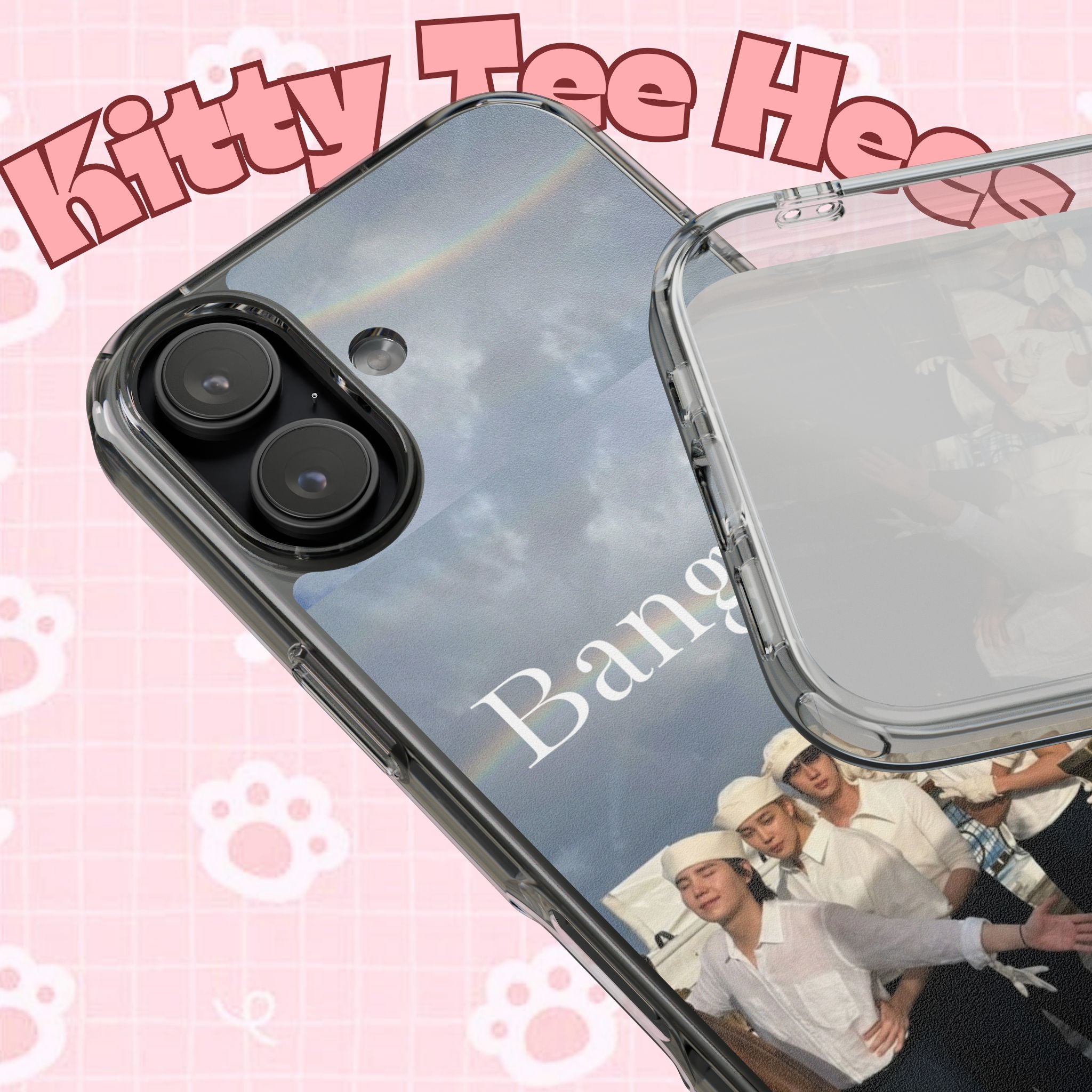 Clear impact-resistant phone case featuring cute Bangtan Boys K-pop design for smartphones.