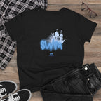 Women's BTS Swim T-Shirt with Sailboat Script Logo, cotton concert tee for Bangtan World Tour fans, by Printify