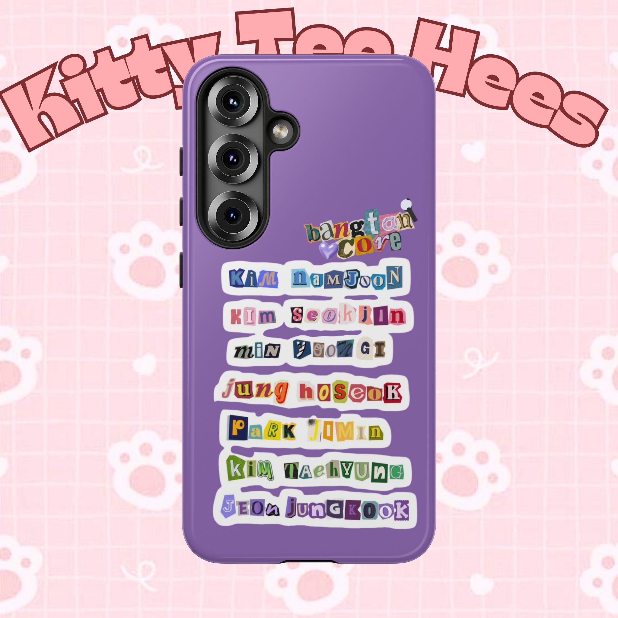 Printed BTS member names phone case for iPhone 17 featuring Jungkook, Jimin, and Rap Monster with a tough protective design.