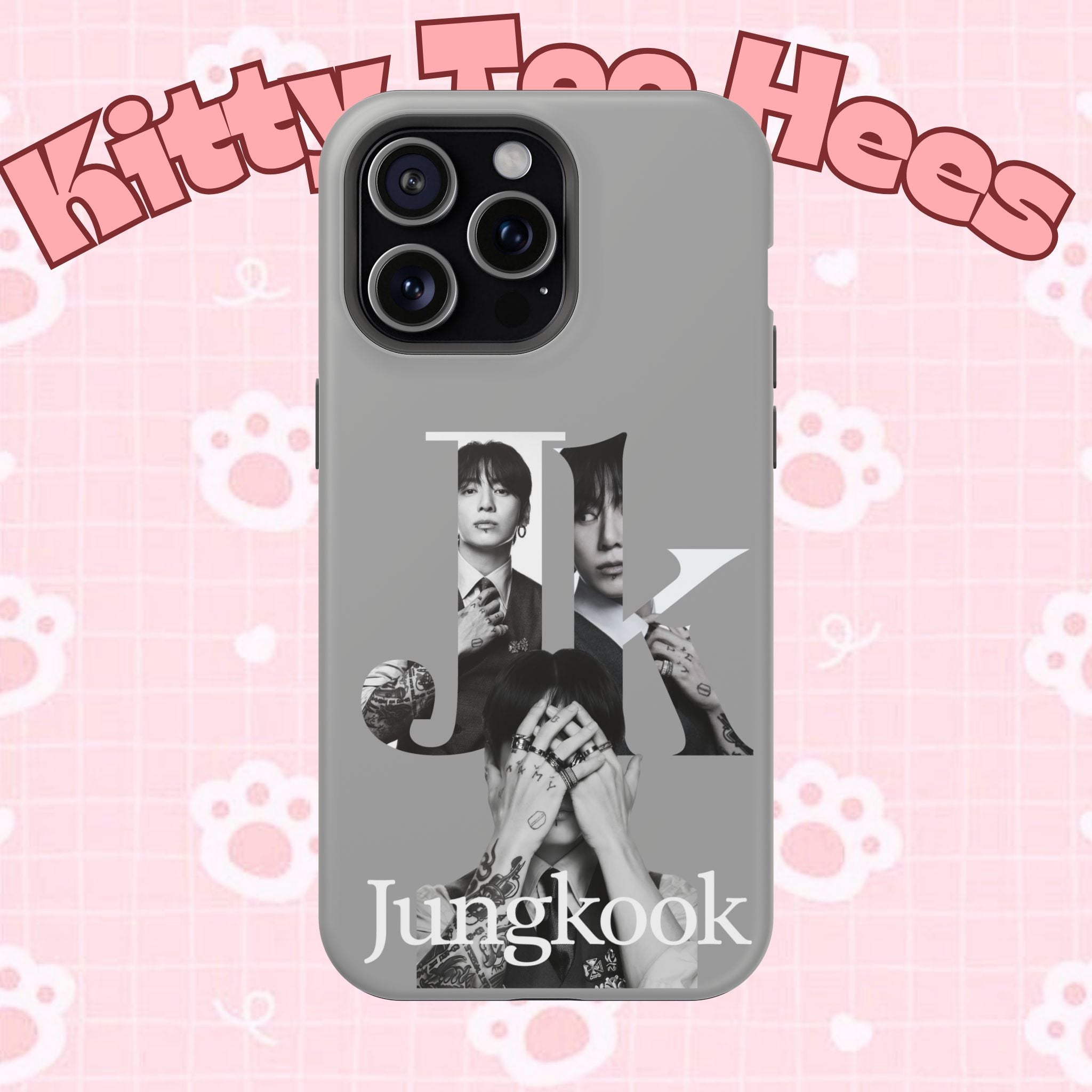 Monochrome BTS Jungkook phone case by Printify, impact-resistant design featuring letter and Jungkook's portrait.