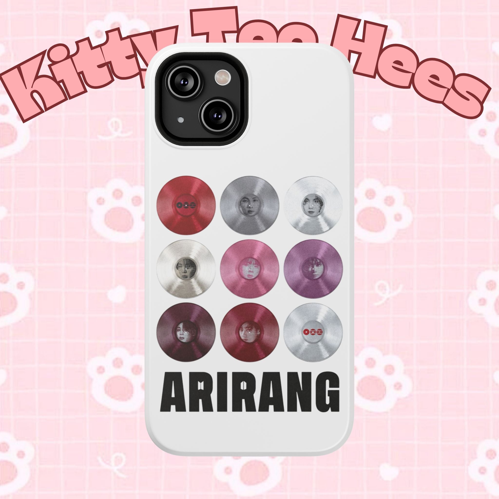 Impact-resistant phone case with BTS Arirang vinyl record grid design, featuring BTS fan merch branding.