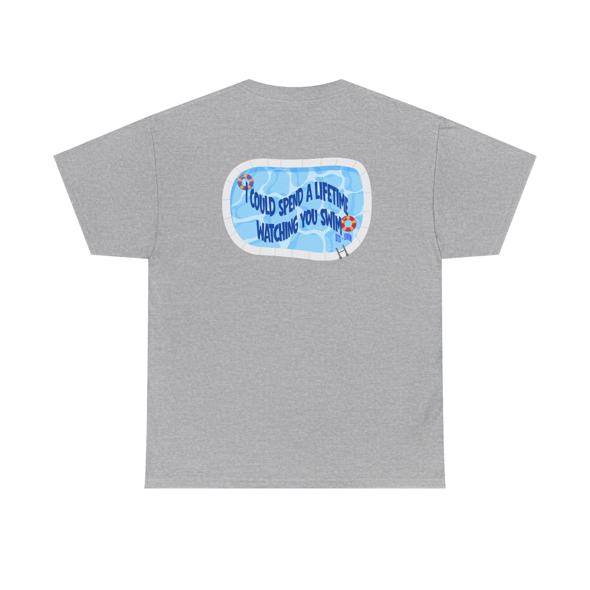 Arirang BTS pool graphic T-shirt featuring a back print of a swimming scene and "I could spend a lifetime watching you swim" text.
