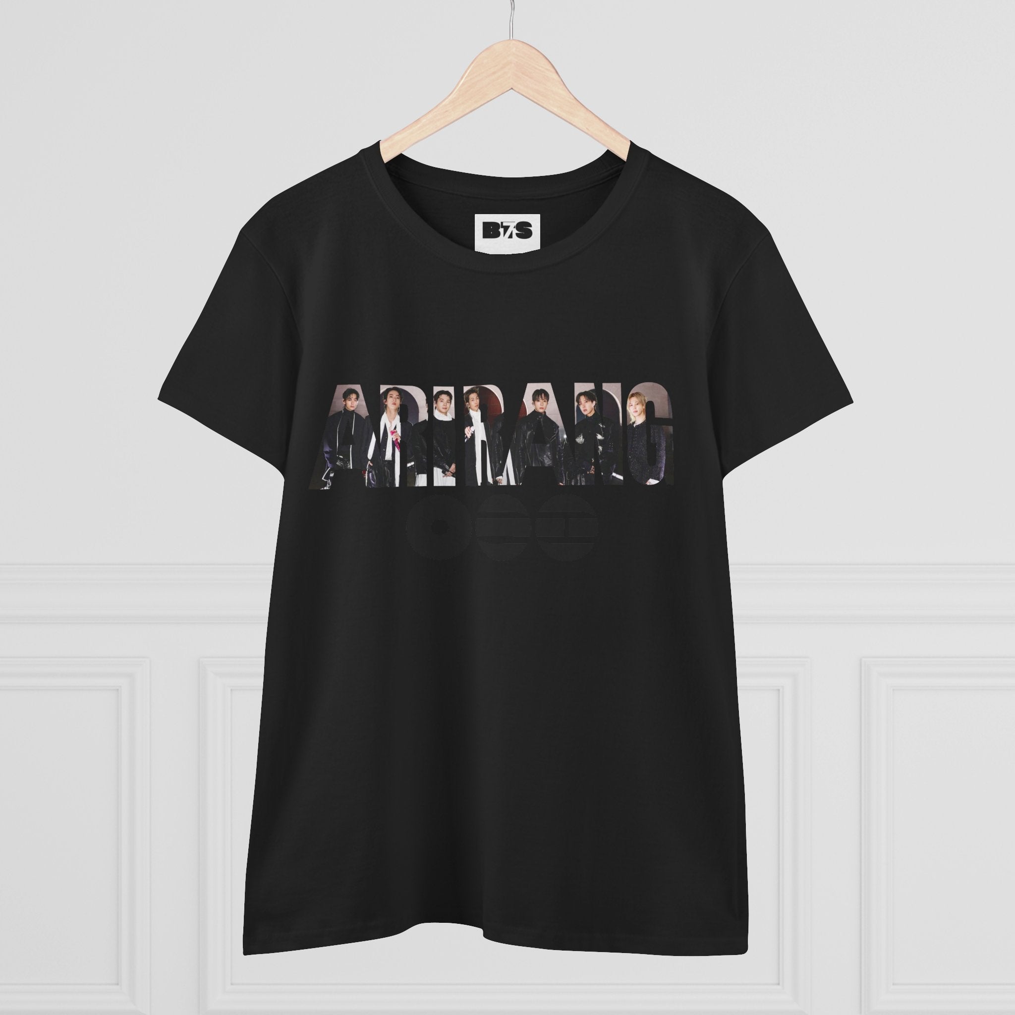 Graphic BTS ARIRANG T-shirt featuring band members' names and BTS logo in a colorful design, casual unisex style.