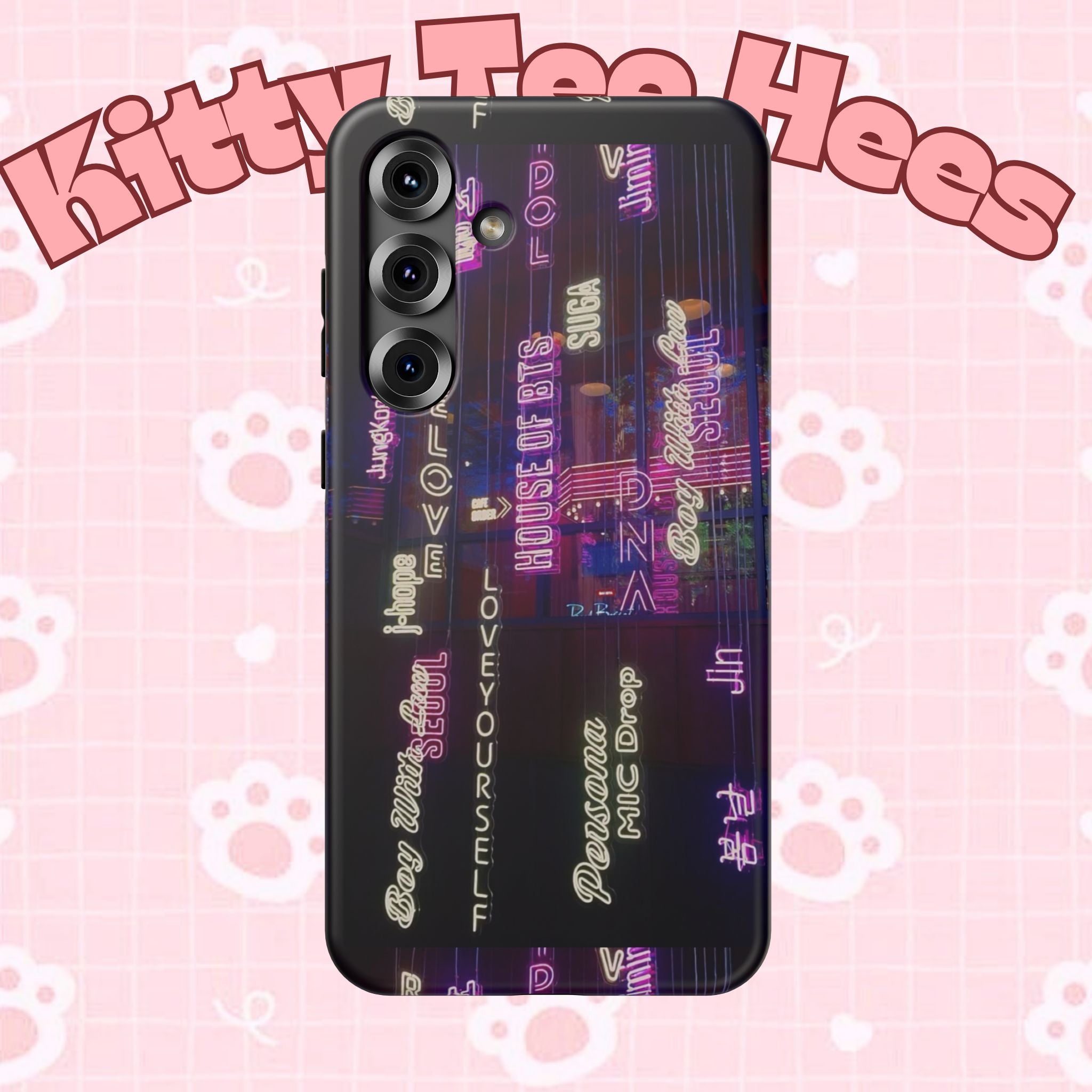Neon Korean script BTS phone case for iPhone and Samsung, impact-resistant design with Bangtan Sonyeondan branding.