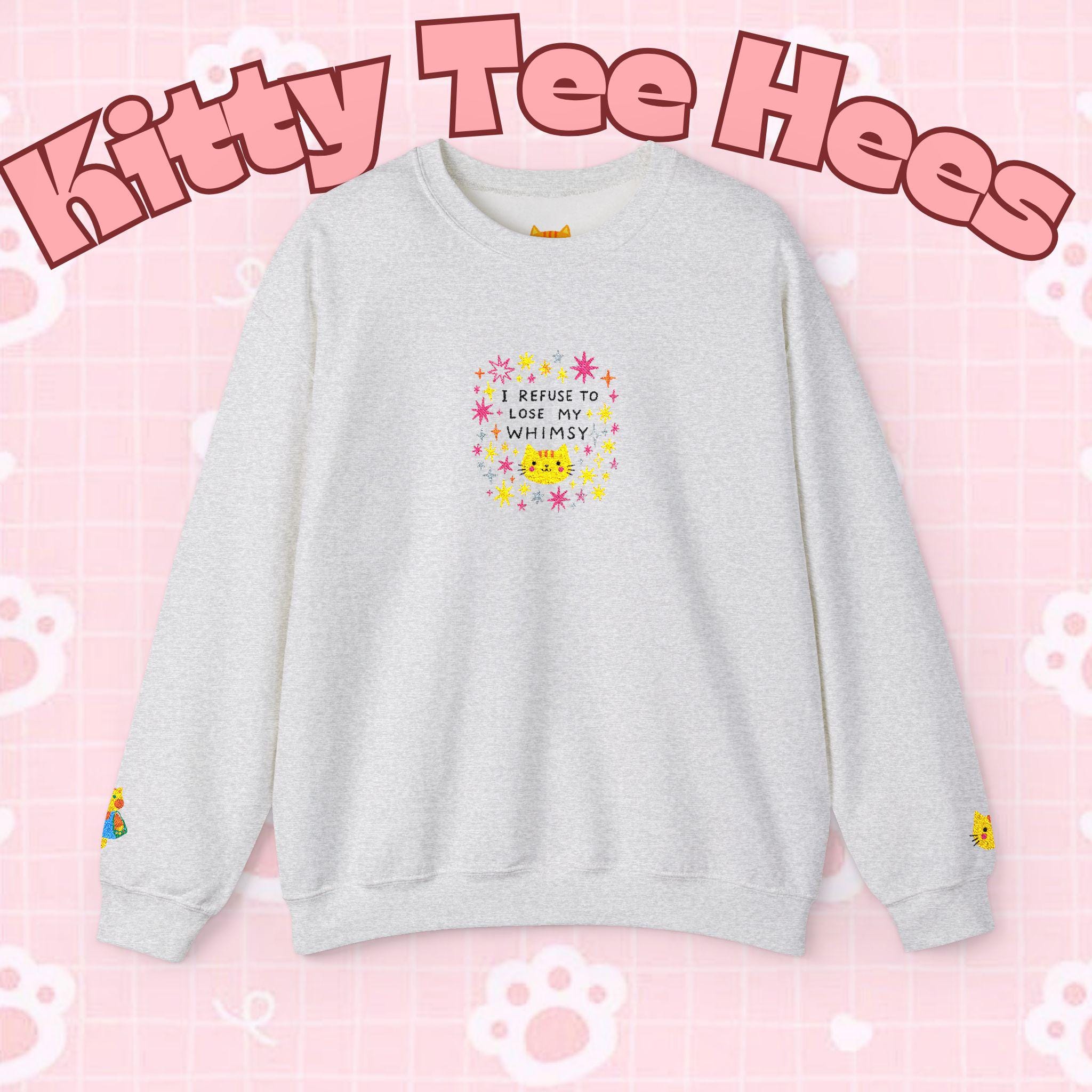 Kitty Tee Hees sweatshirt | Cute kitty illustration, pastel stars and flowers - Kitty TeeHees