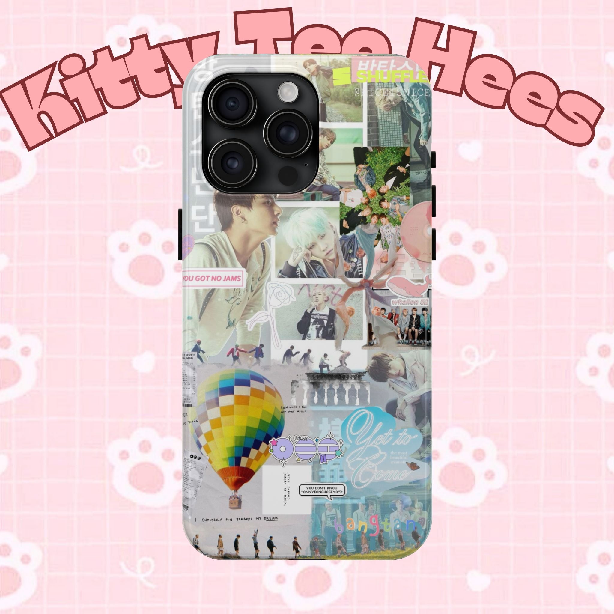 Printify BTS collage phone case for iPhone and Samsung featuring pastel hot air balloon and K-Pop photo collage design.