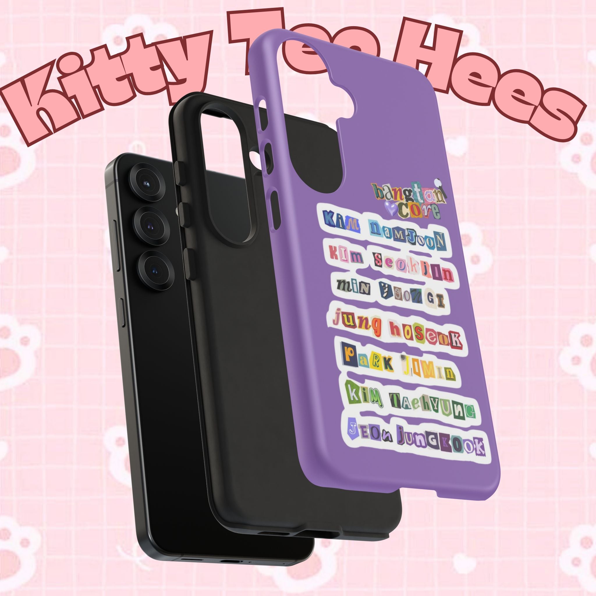 Printify BTS member names phone case with Jungkook, Jimin, and Rap Monster designs for iPhone 17, tough protective cover.