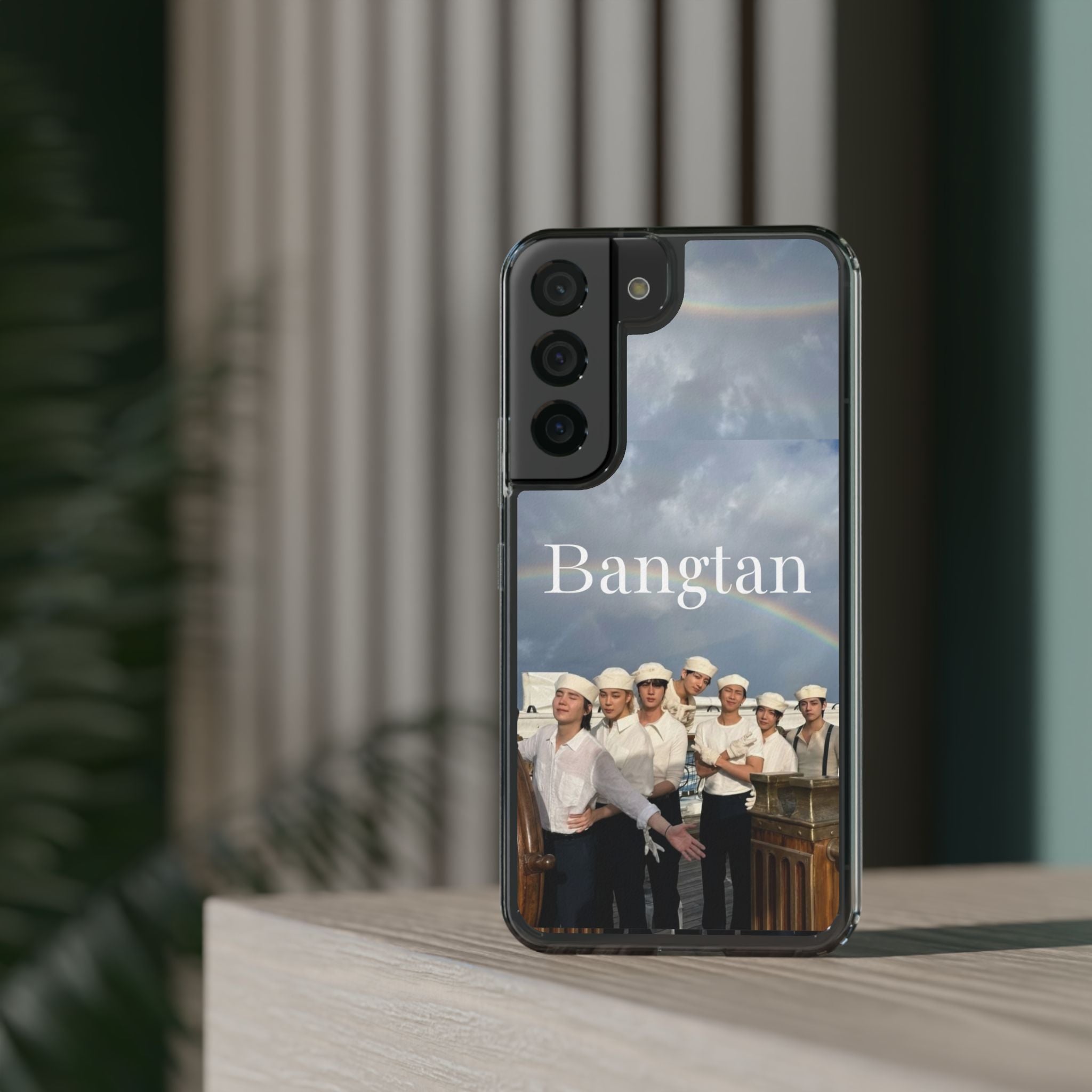 Clear impact-resistant Bangtan phone case by Printify featuring cute K-pop inspired design for smartphones.