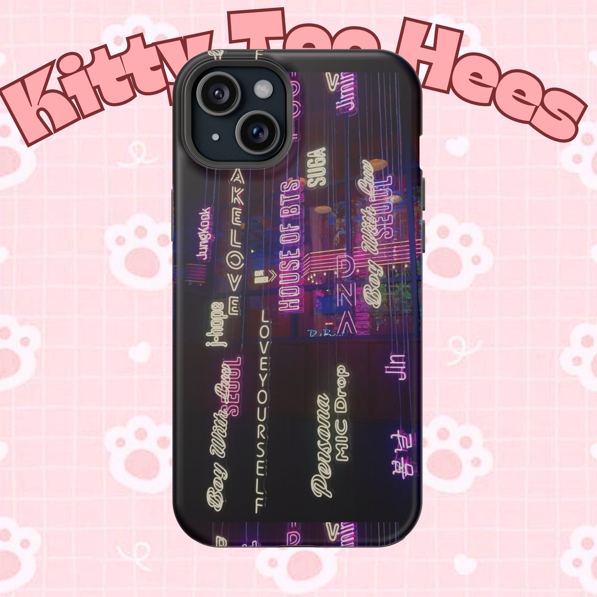 Impact-resistant BTS neon Korean script phone case for iPhone and Samsung, featuring bold neon design and durable protection.
