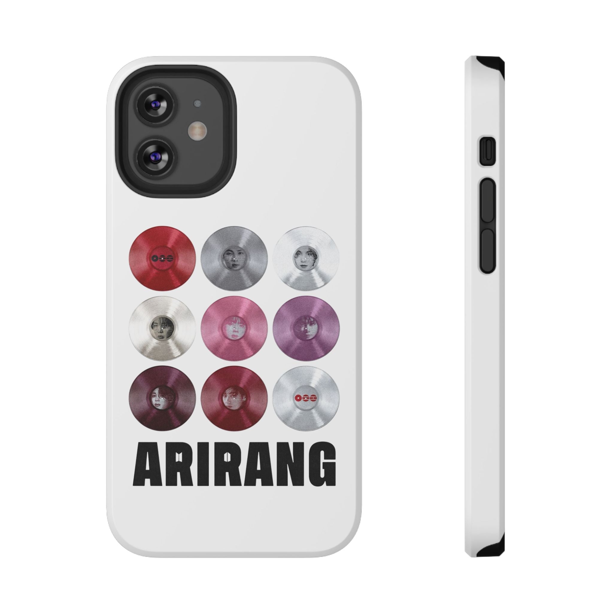 Impact-resistant phone case featuring Bangtan Arirang BTS vinyl record grid design, custom Printify BTS fan merchandise.