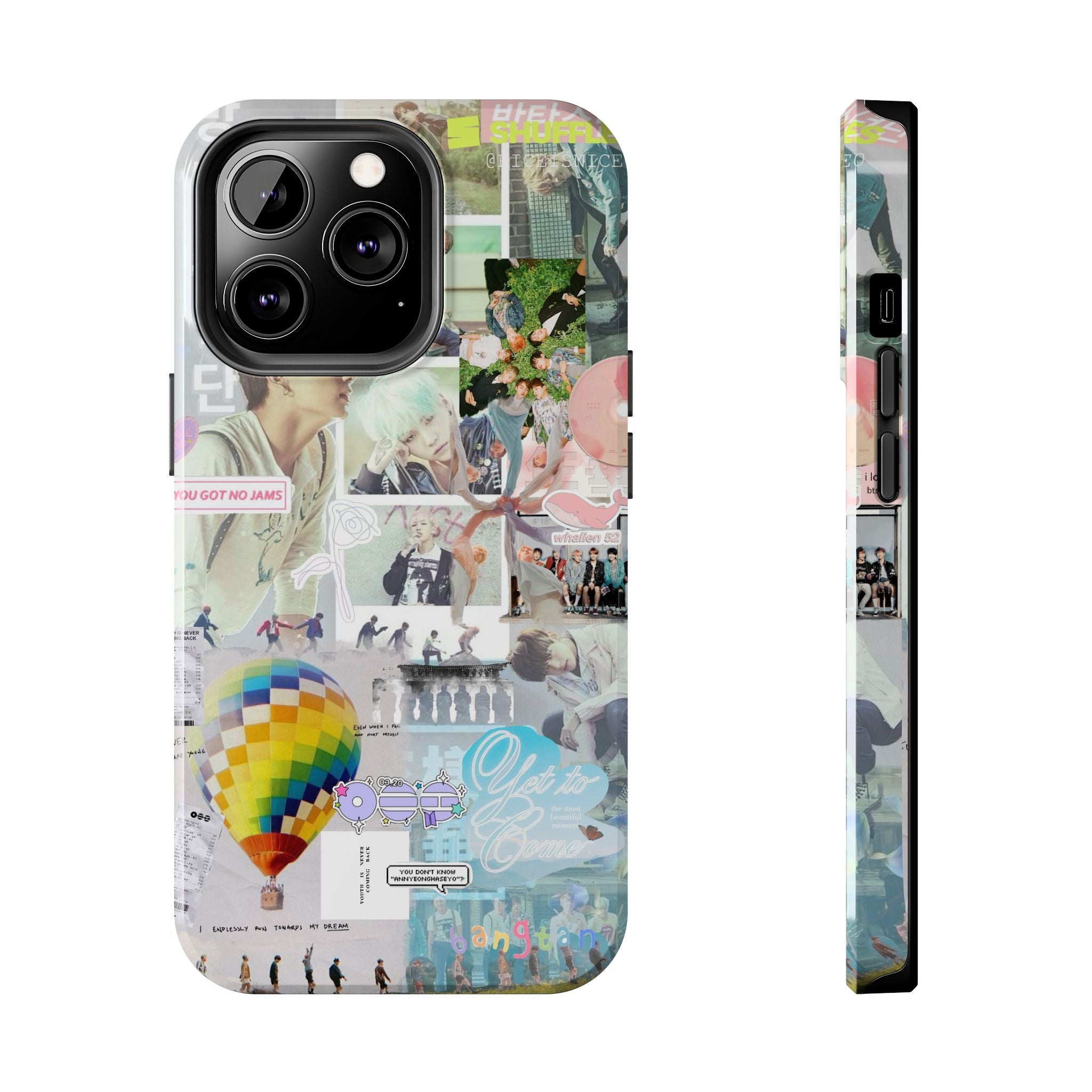 BTS collage phone case for iPhone and Samsung with pastel hot air balloon and K-pop photo collage design from Printify