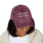 Vintage style embroidered hat featuring "Hot Girls Love Cats" text, casual wear, with a curved brim and adjustable strap.