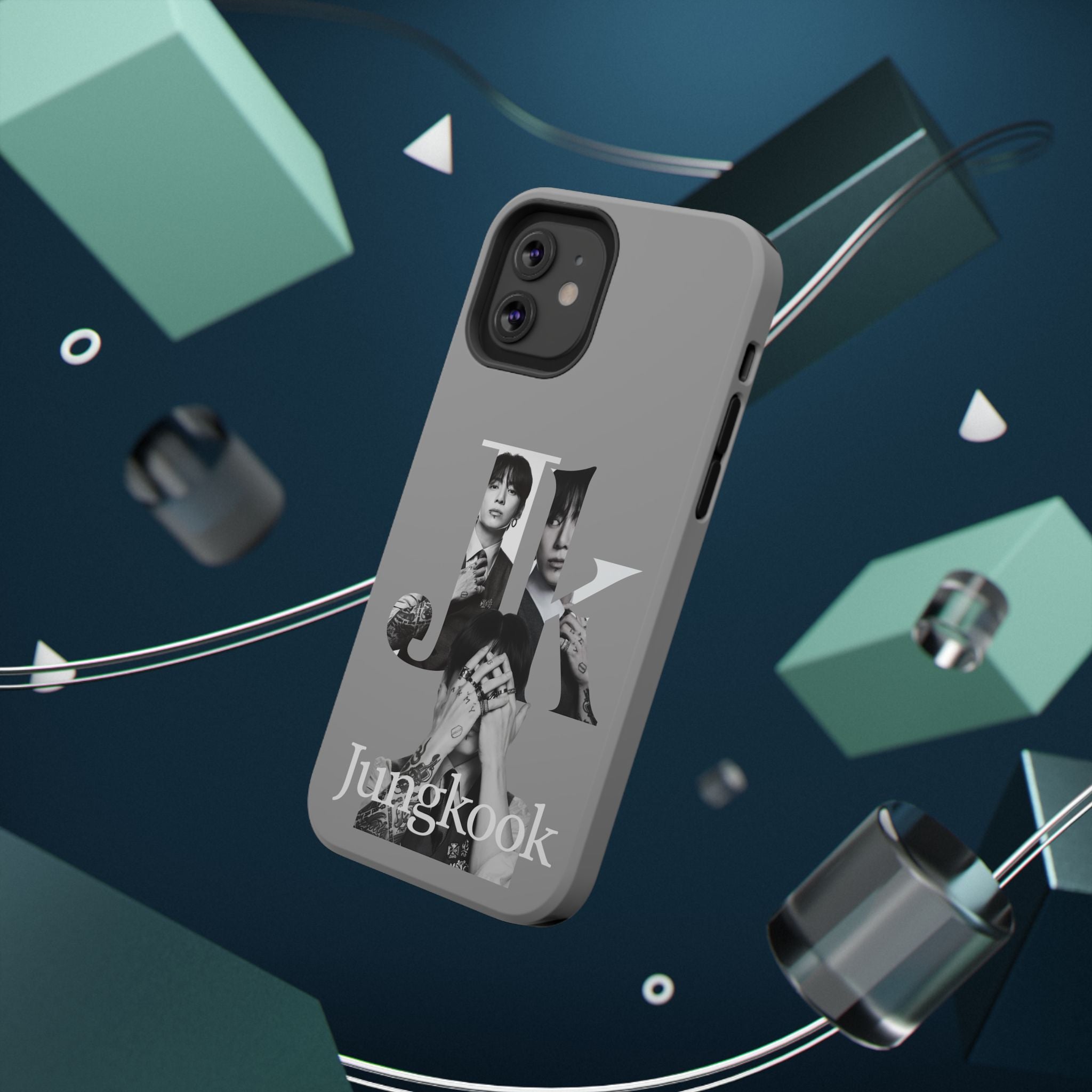 Monochrome BTS Jungkook phone case with impact-resistant design, featuring bold letter graphics on a sleek printify brand cover.