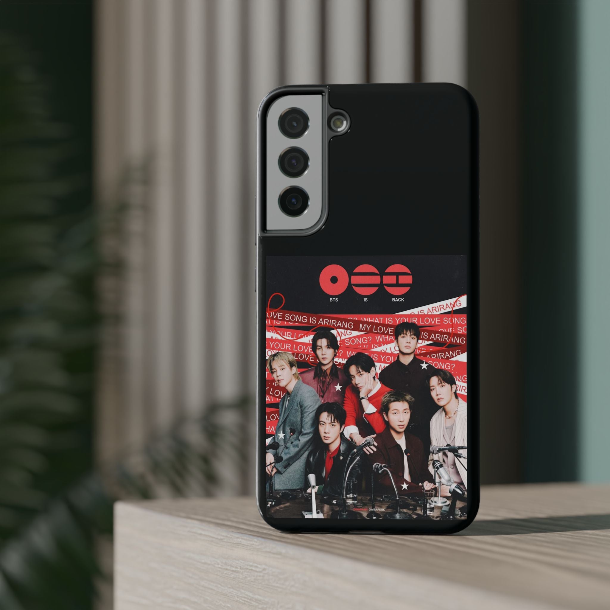 BTS Arirang phone case featuring Bangtan concert photo, impact-resistant design by Printify for K-Pop fans.