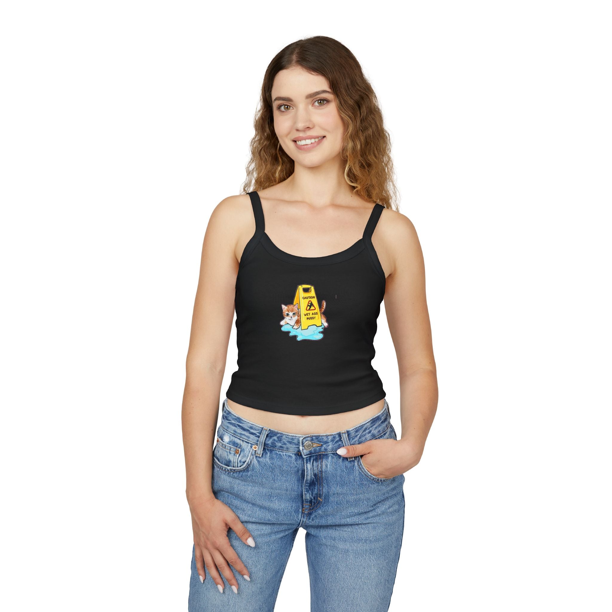 Cute cat-themed tank top for women featuring spaghetti straps, perfect for summer wear and cat lovers' fashion.