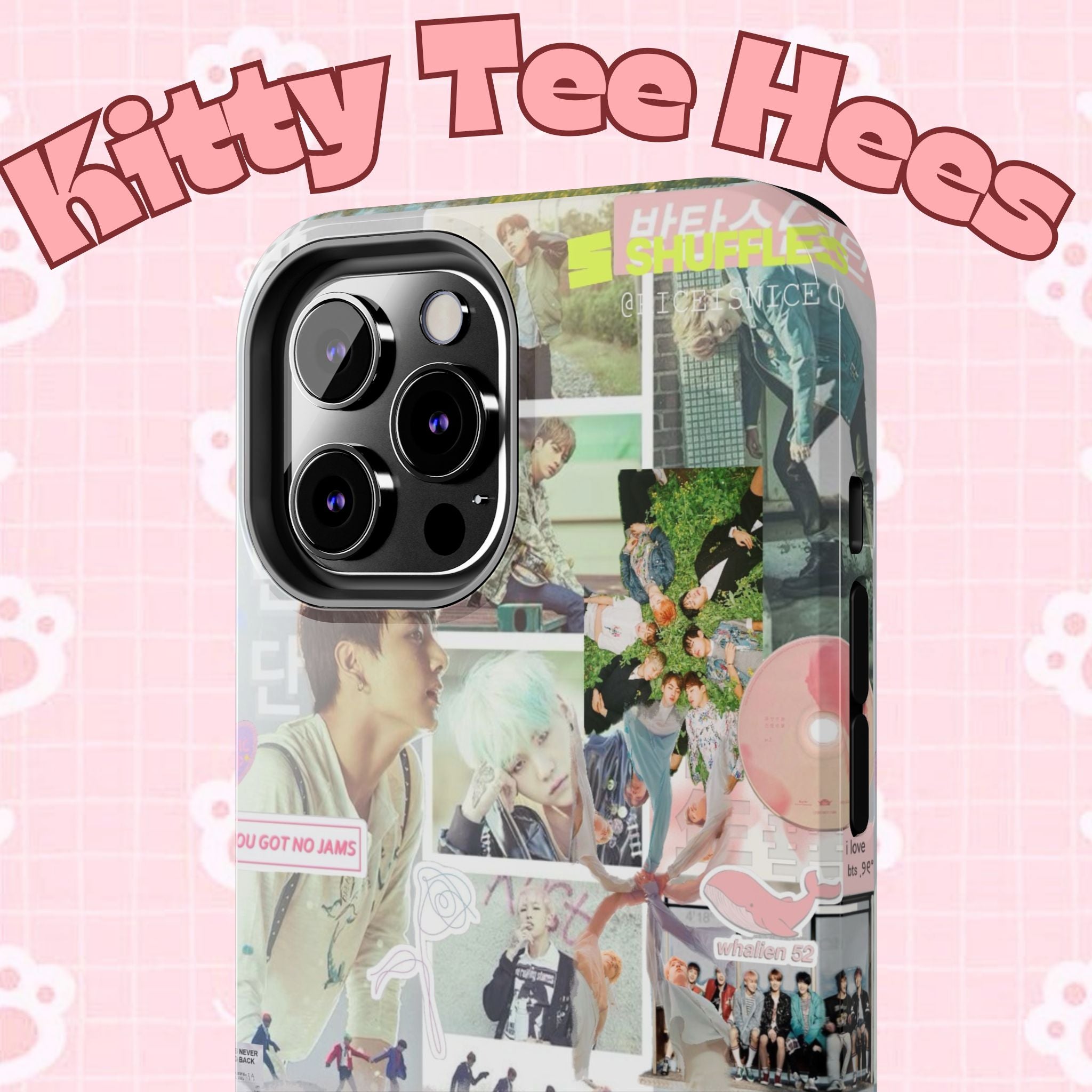 Printify BTS collage phone case for iPhone and Samsung featuring pastel hot air balloon and K-Pop photo collage design.