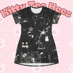 Black Maximalist T-shirt dress with fun gothic cat collage print, featuring all-over black and graphic cat designs by Printify.