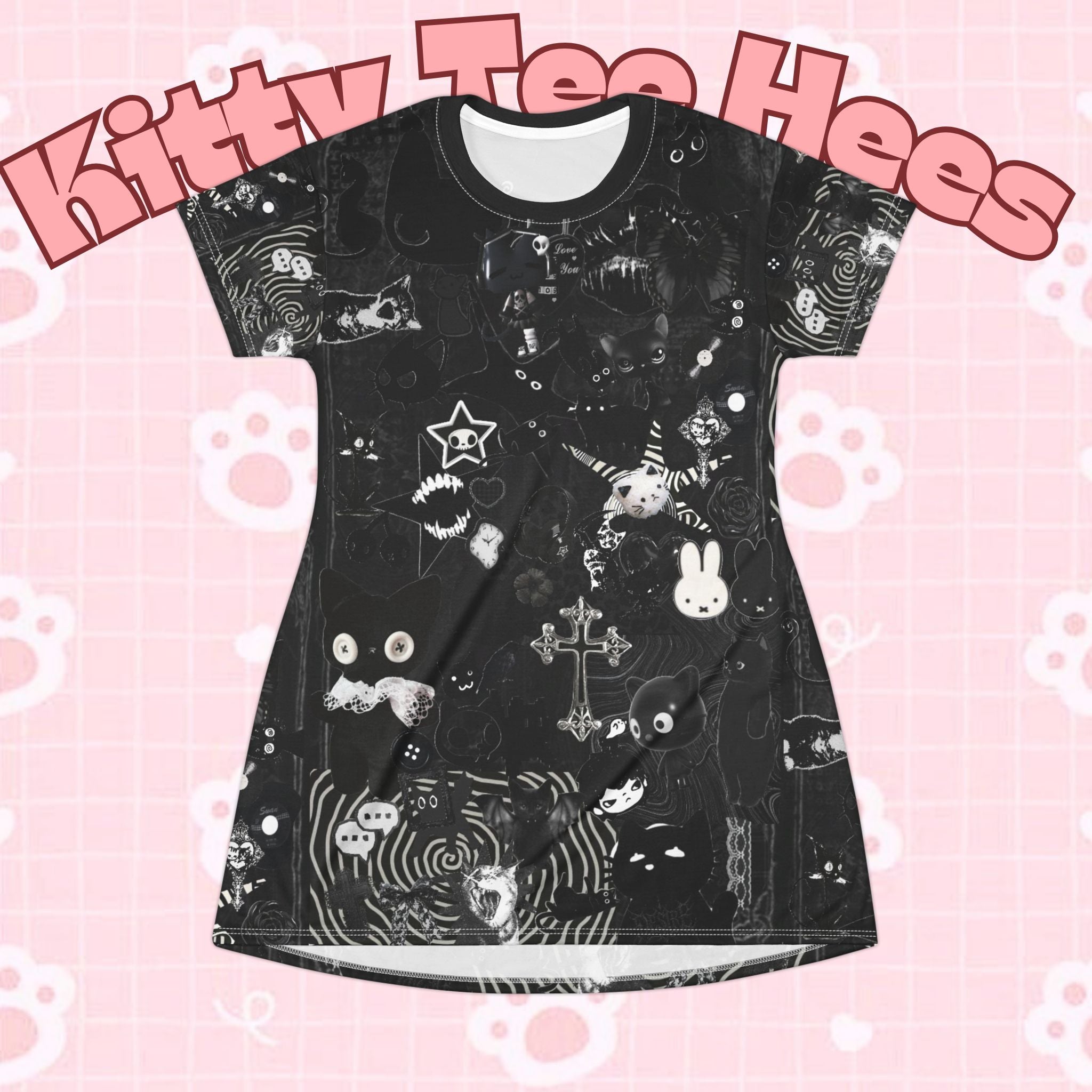 Black Maximalist T-shirt dress with fun gothic cat collage print, featuring all-over black and graphic cat designs by Printify.