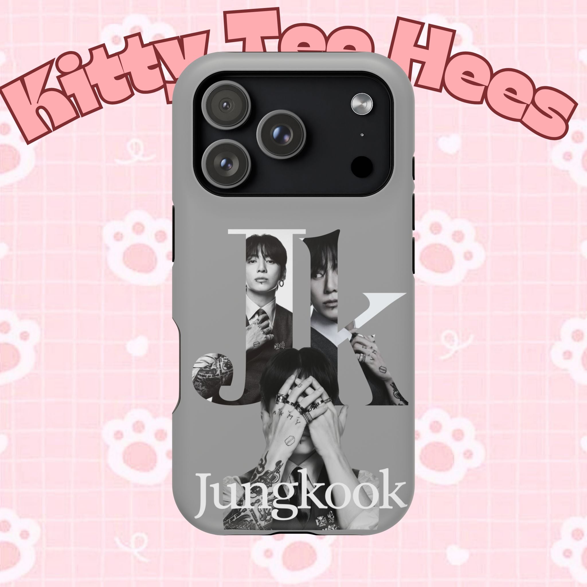 Black Jungkook phone case with monochrome BTS letter design, impact-resistant Printify phone cover featuring Jungkook's image.