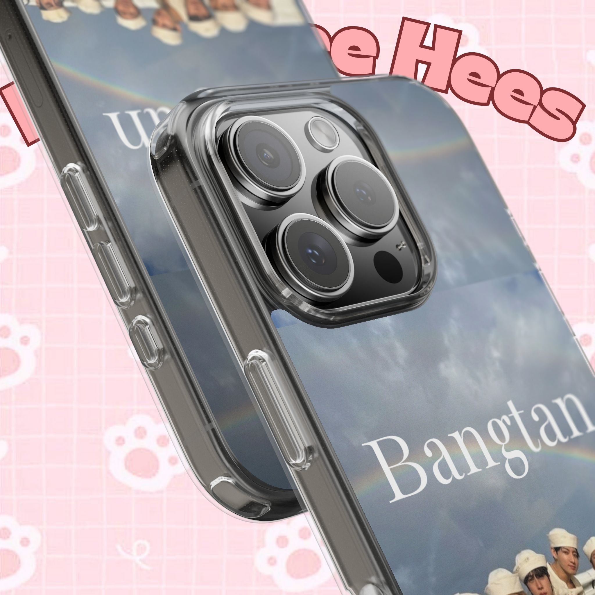 Clear impact-resistant Bangtan phone case with cute K-pop design, compatible with smartphones, by Printify.