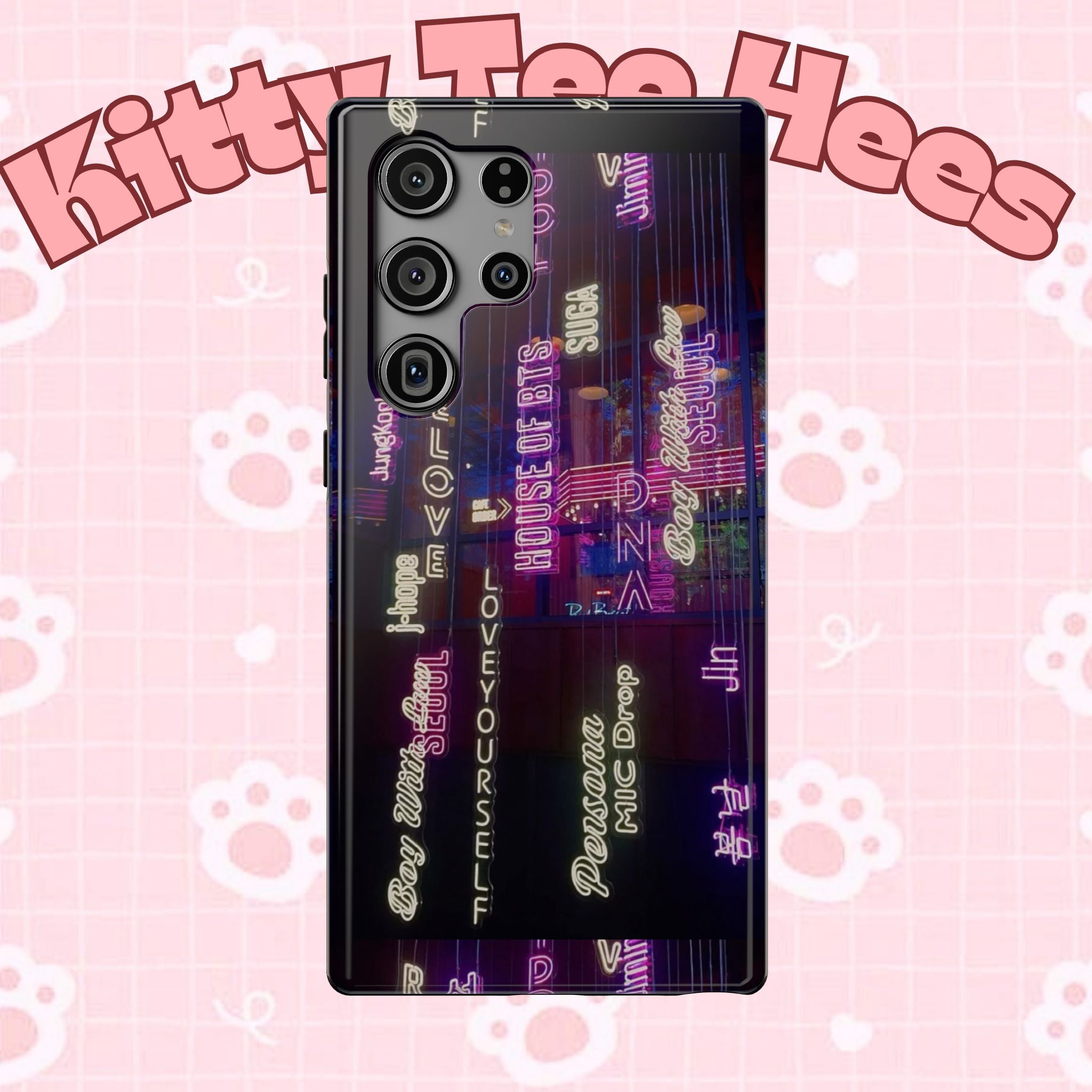 Neon Korean script phone case for iPhone and Samsung, impact-resistant BTS Bangtan Sonyeondan phone case by Printify.