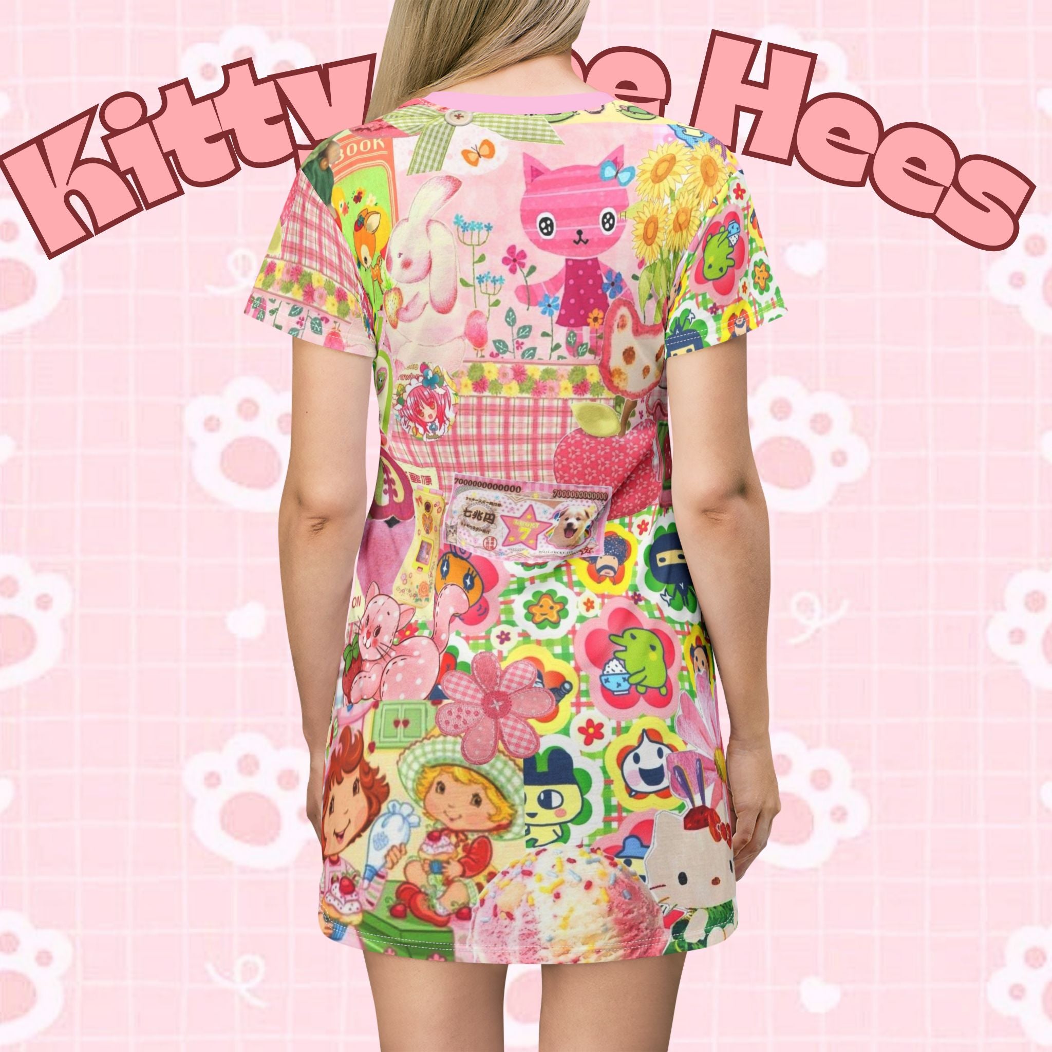 Vintage-inspired strawberry cake dreams nostalgia T-shirt dress with picnic floral print, kawaii casual style, all-over print by Printify