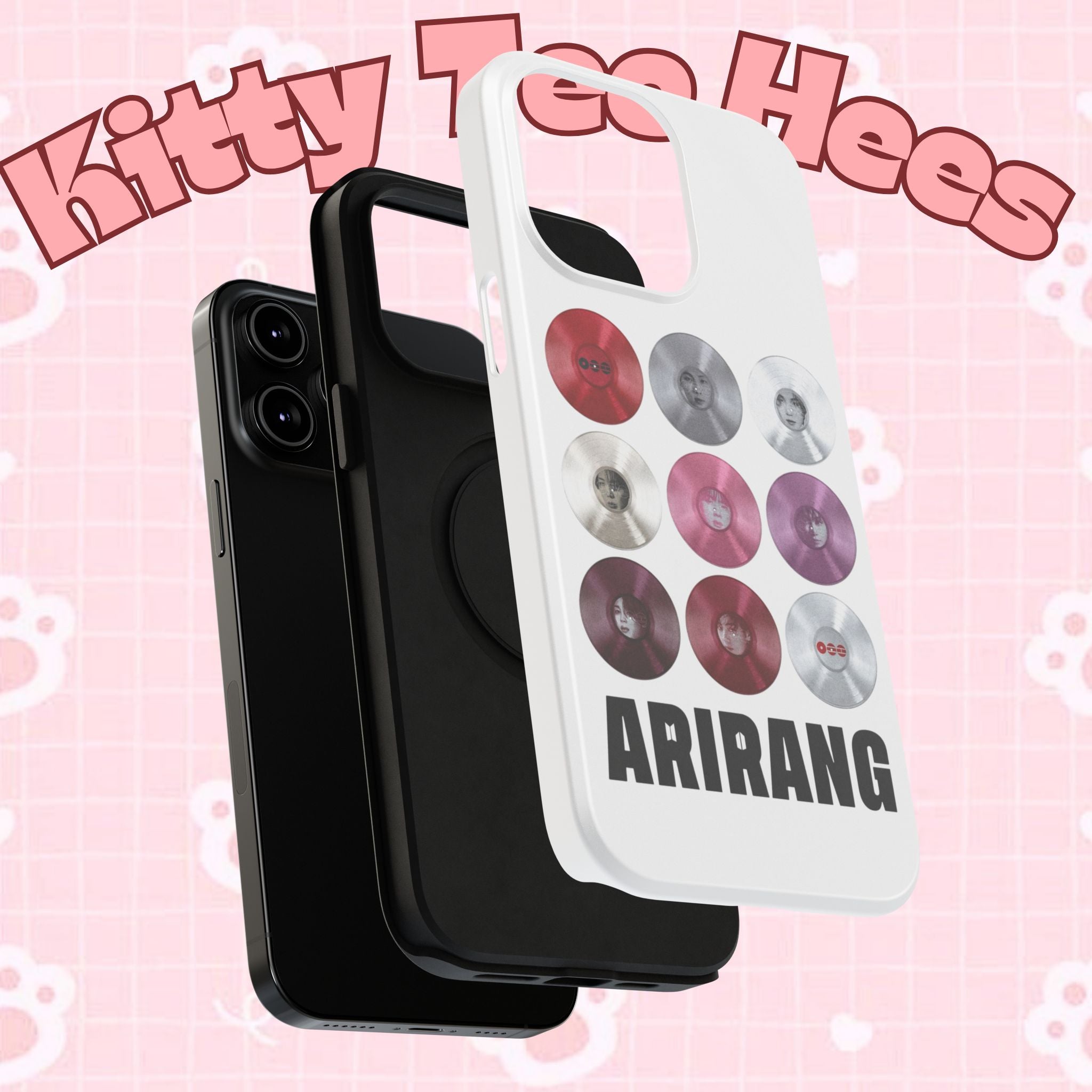 Impact-resistant Printify BTS Arirang vinyl record phone case with grid design, featuring cool BTS fan merch artwork.