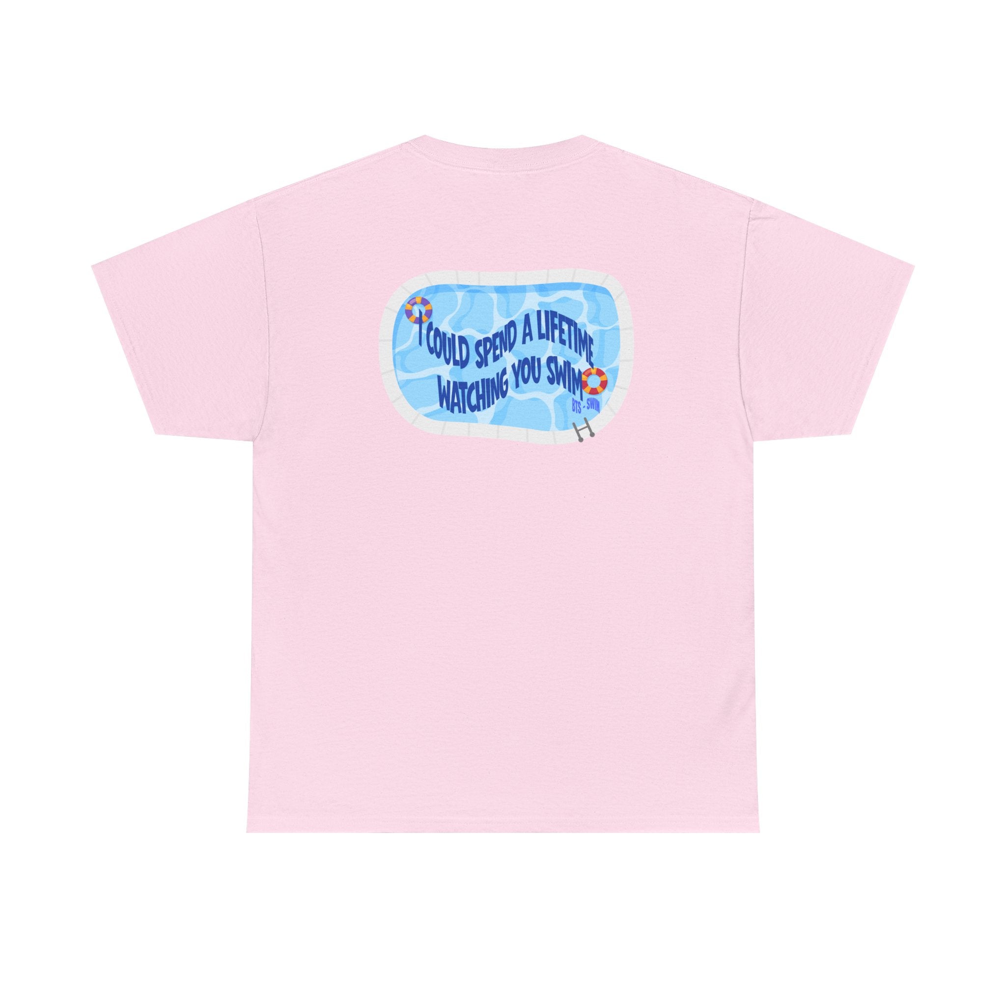 Printify BTS swim graphic T-shirt featuring a back pool scene and "I could spend a lifetime watching you swim" text, casual concert tee