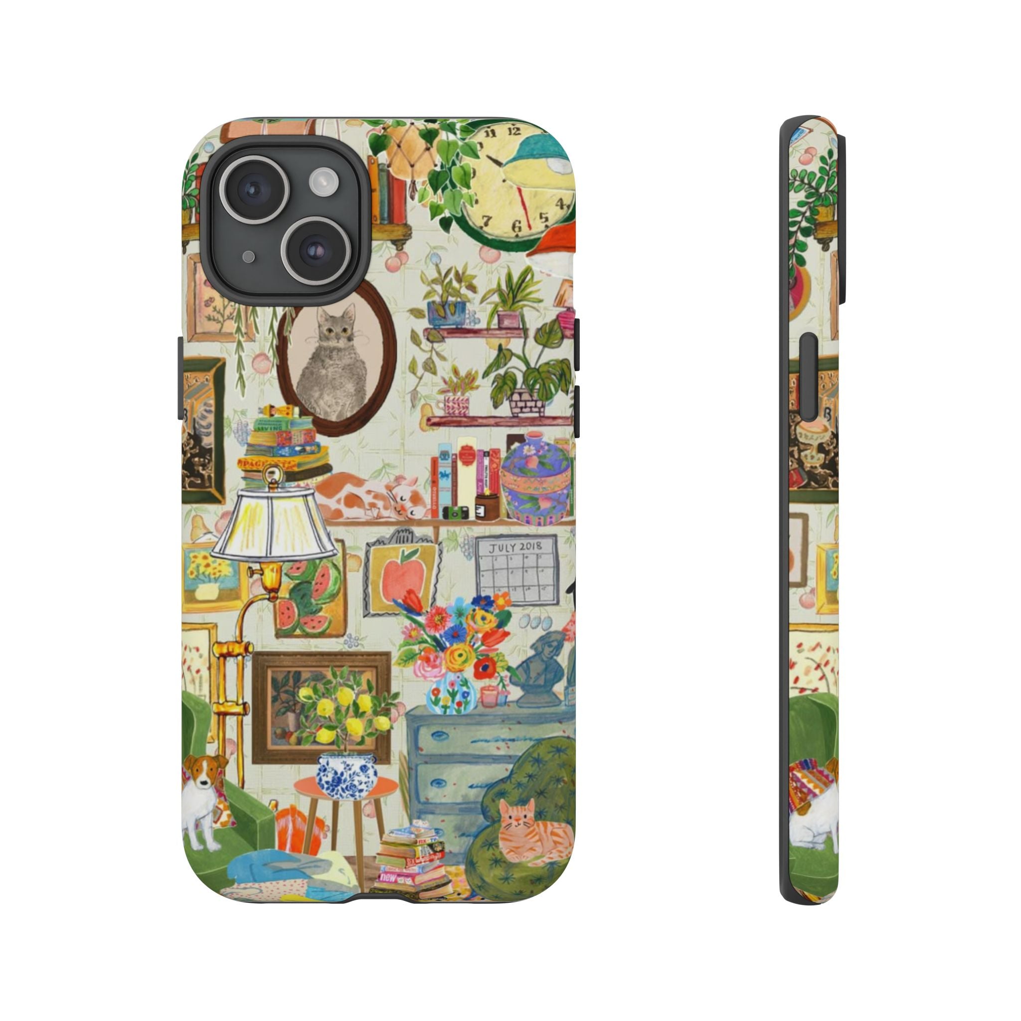 Cute cat portrait phone case by Printify, stylish iPhone 17 case with cozy living room pet home design.