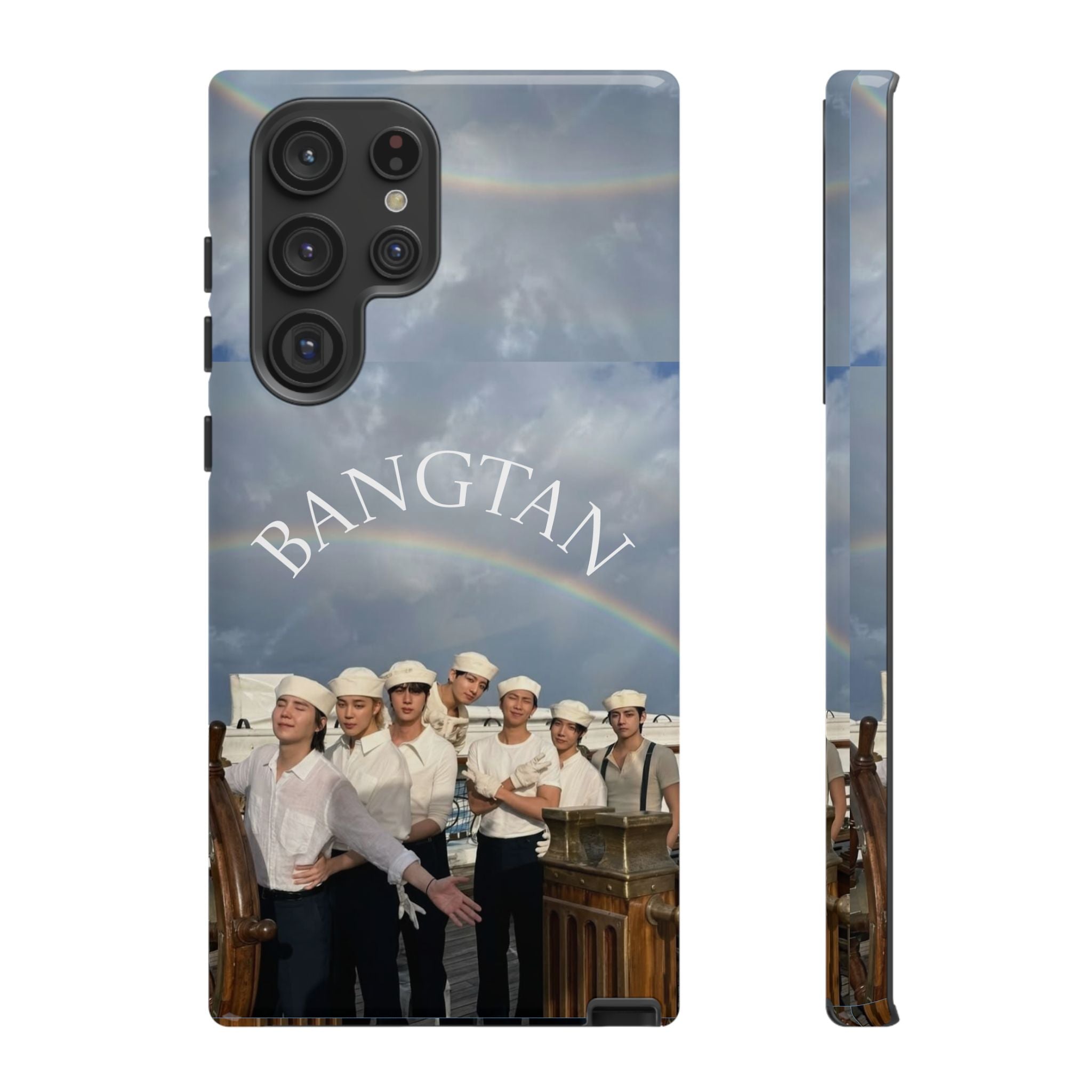 Cute Sailor BTS Swim phone case for iPhone and Samsung, featuring Bangtan Arirang design on a smartphone protective cover.