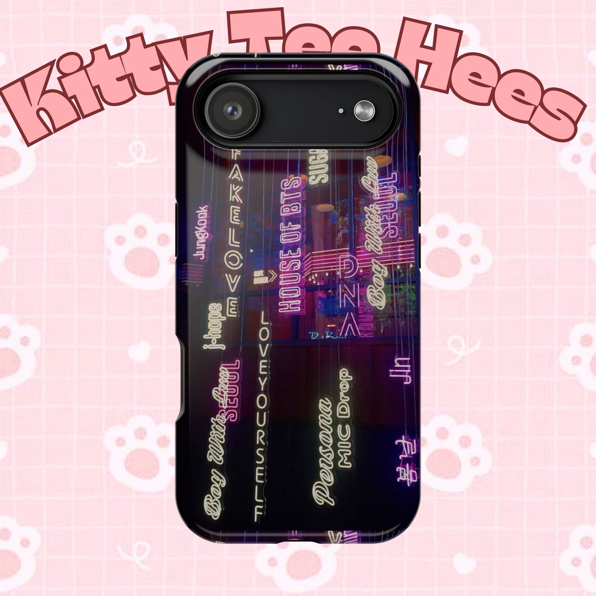 Neon Korean Script BTS phone case for iPhone and Samsung, impact-resistant case with Bangtan Sonyeondan design by Printify.