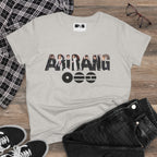 BTS ARIRANG graphic T-shirt featuring band logo and member names in colorful print, casual crew neck style.