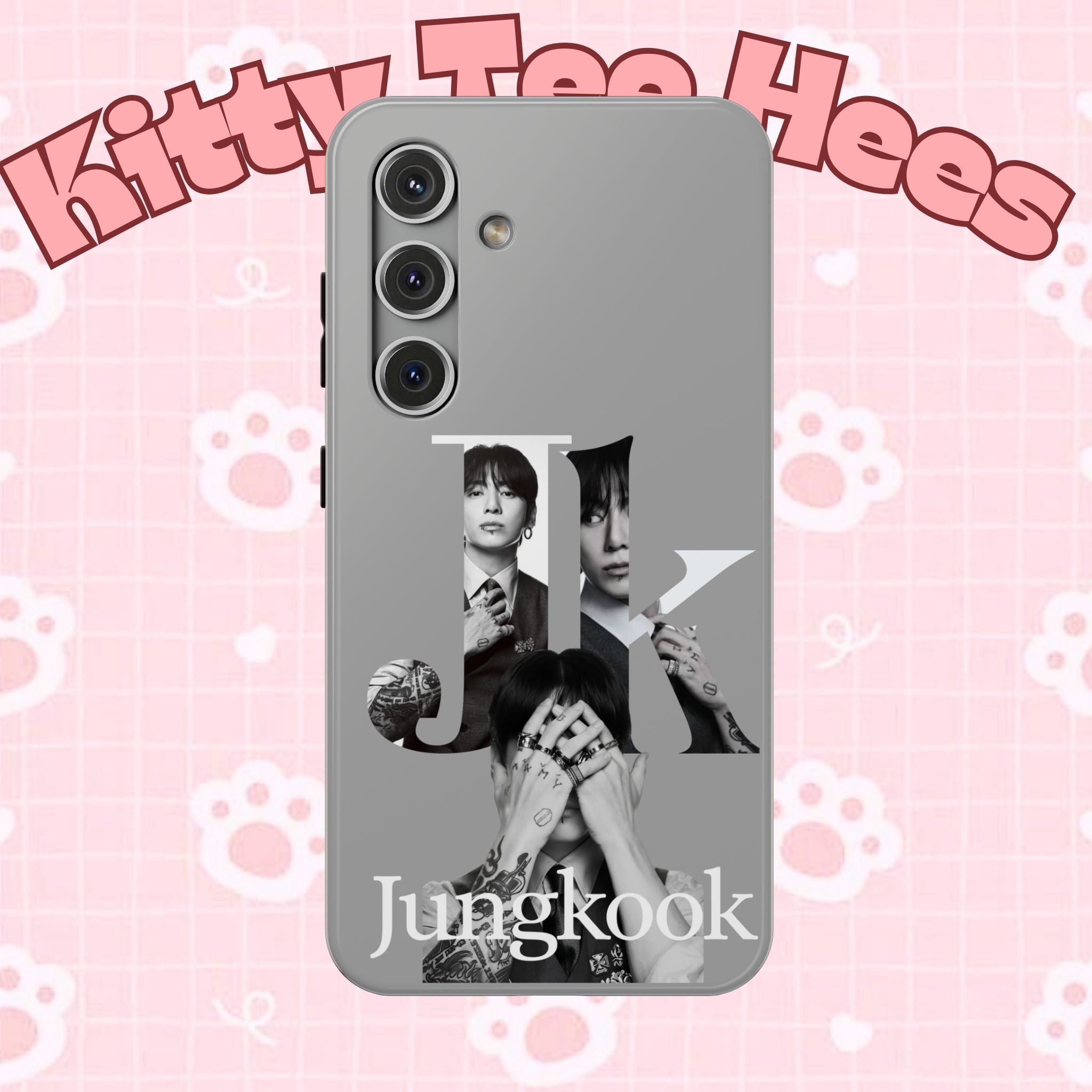 Monochrome BTS Jungkook phone case with impact-resistant design, featuring bold letter graphics by Printify.