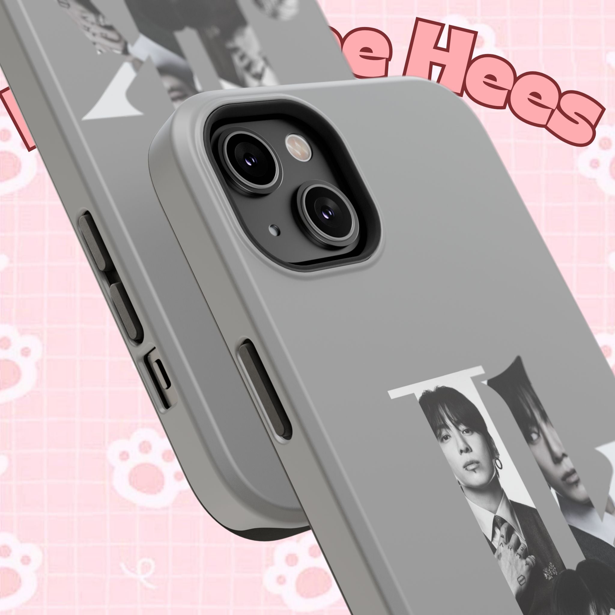 Black monochrome BTS Jungkook phone case by Printify, impact-resistant, featuring a bold letter design for Galaxy and iPhone models.