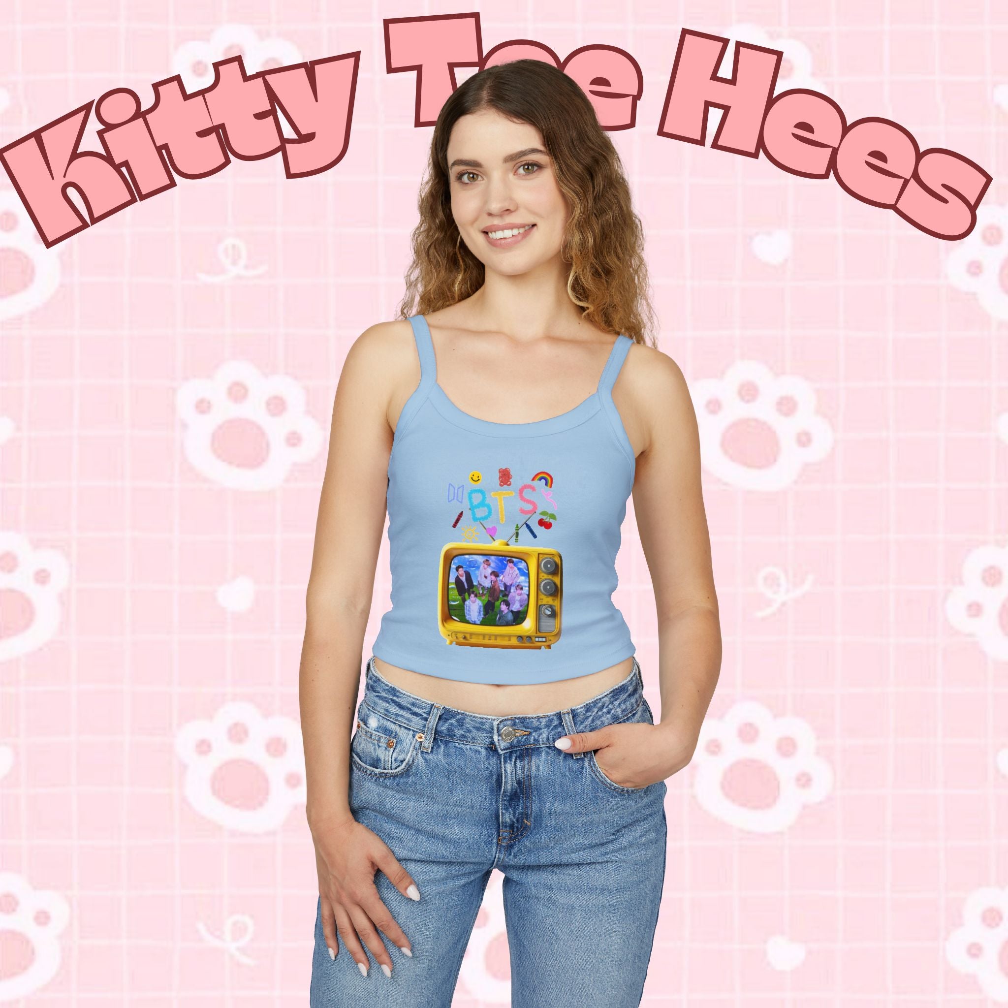 Kids' BTS tank top with retro television graphic featuring Bangtan Boys, colorful K-Pop BTS tee by Printify