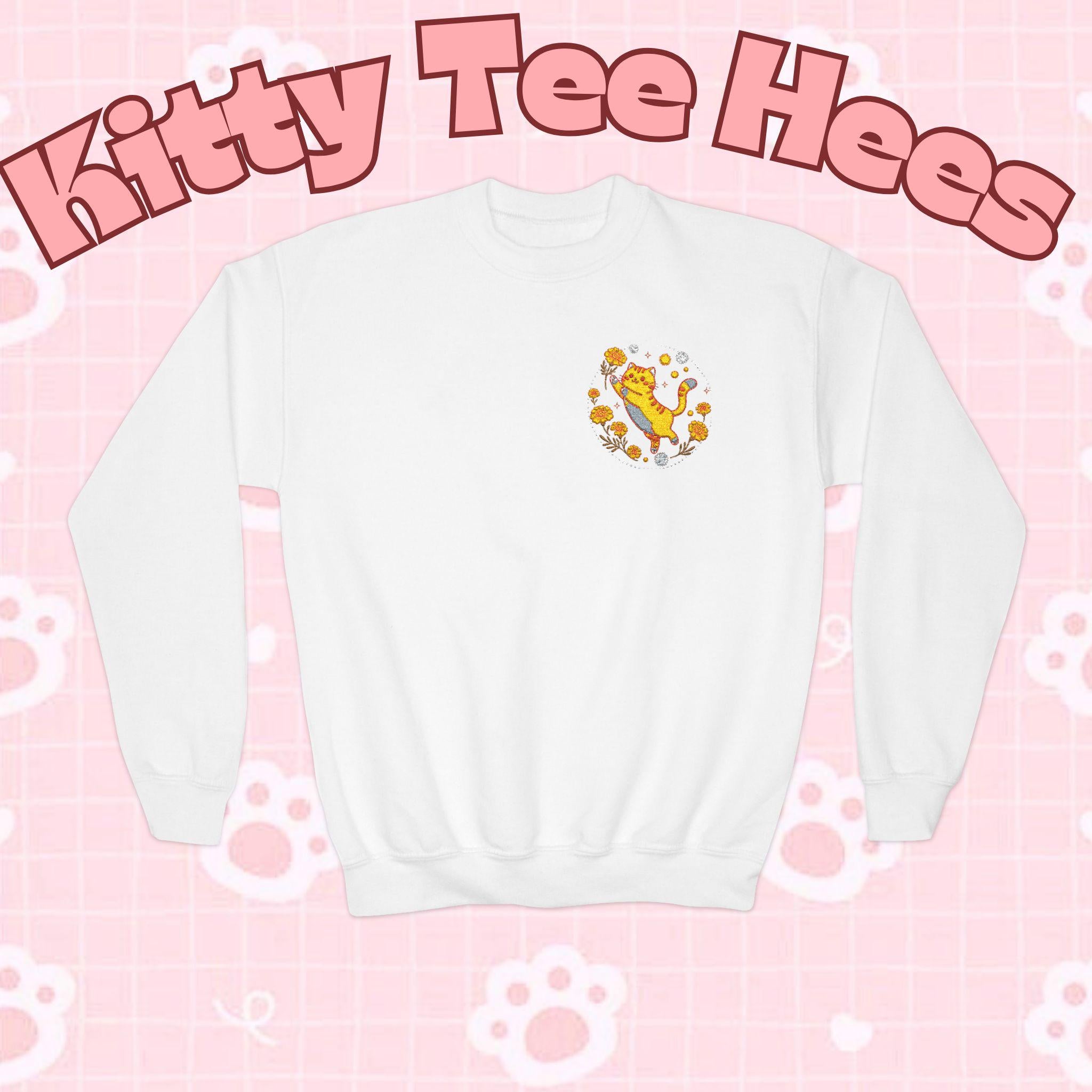 Embroidered Kitty Sweatshirt, Marigold Puff, Kids Cotton-Poly Blend - Kitty TeeHees