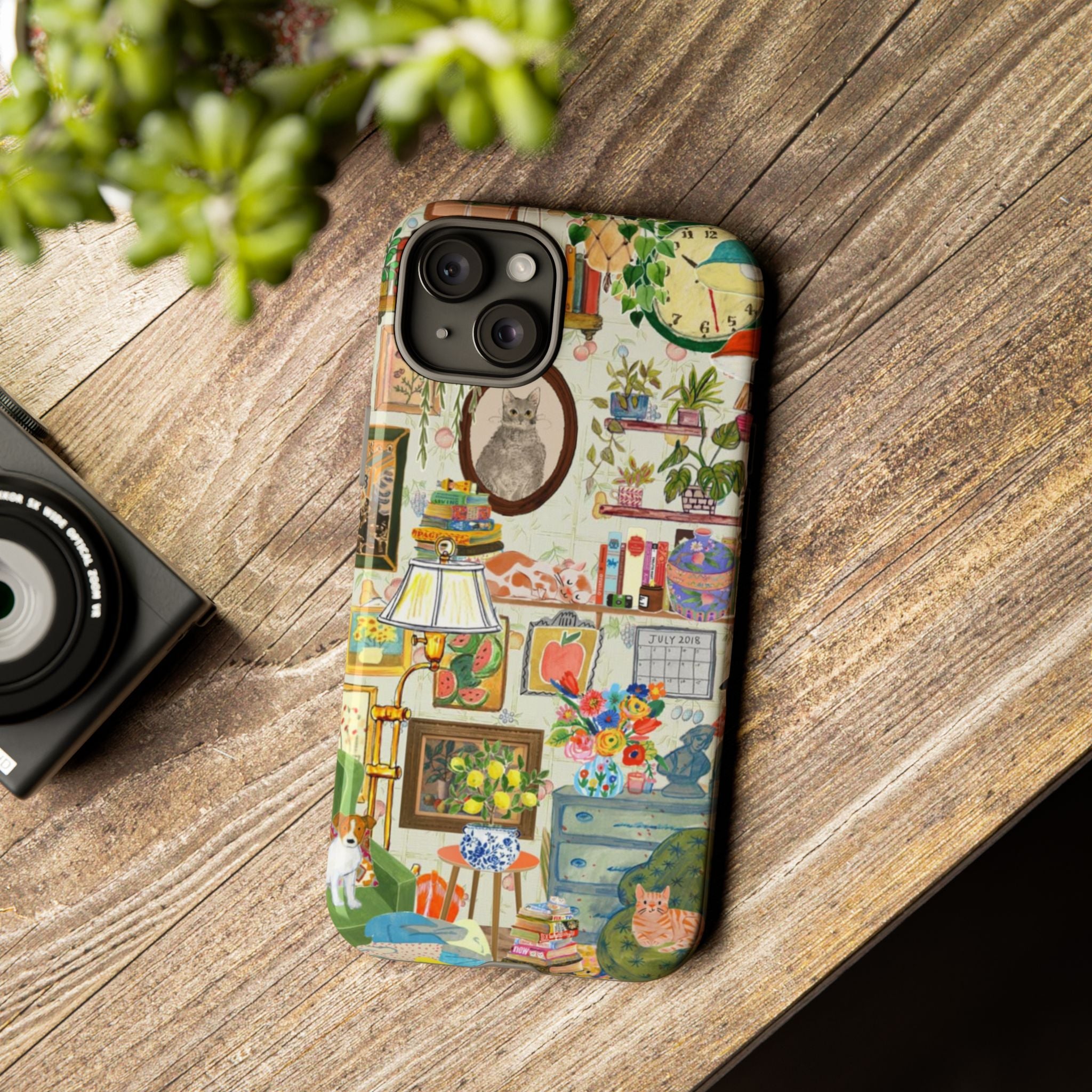 Cute cat portrait phone case for iPhone 17, stylish Printify pet-themed protective case with cozy living room design.