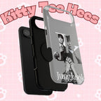 Monochrome BTS Jungkook phone case with letter design, impact-resistant Printify phone cover featuring Jungkook from BTS.
