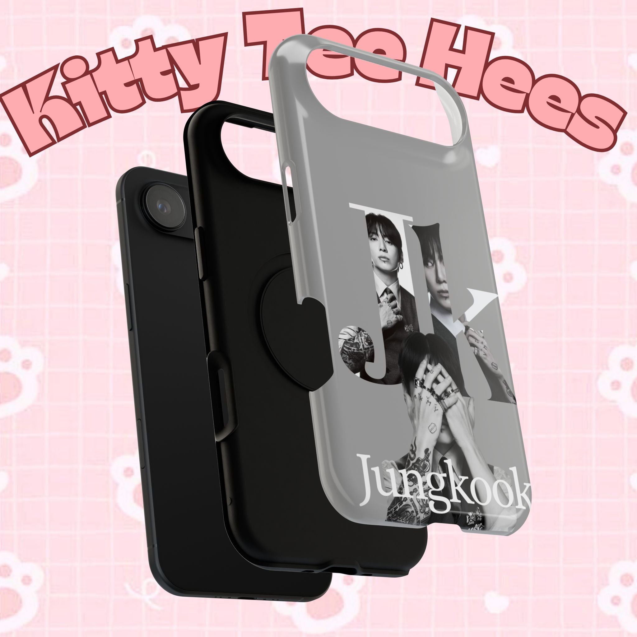 Monochrome BTS Jungkook phone case with letter design, impact-resistant Printify phone cover featuring Jungkook from BTS.