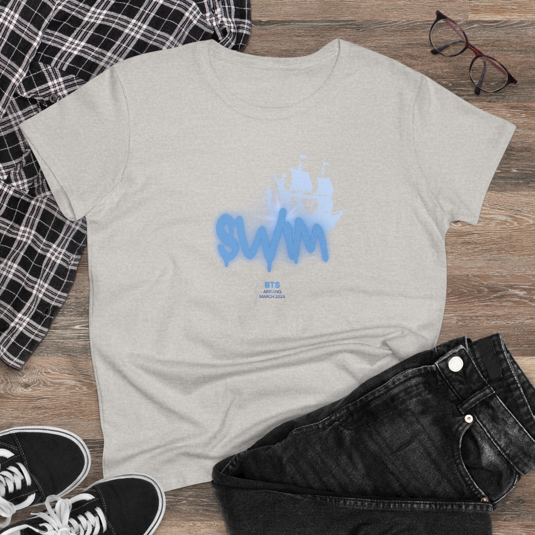 Women's BTS Sailboat Script Logo T-shirt with Bangtan World Tour design, cotton fabric, from Printify, featuring concert-inspired print.
